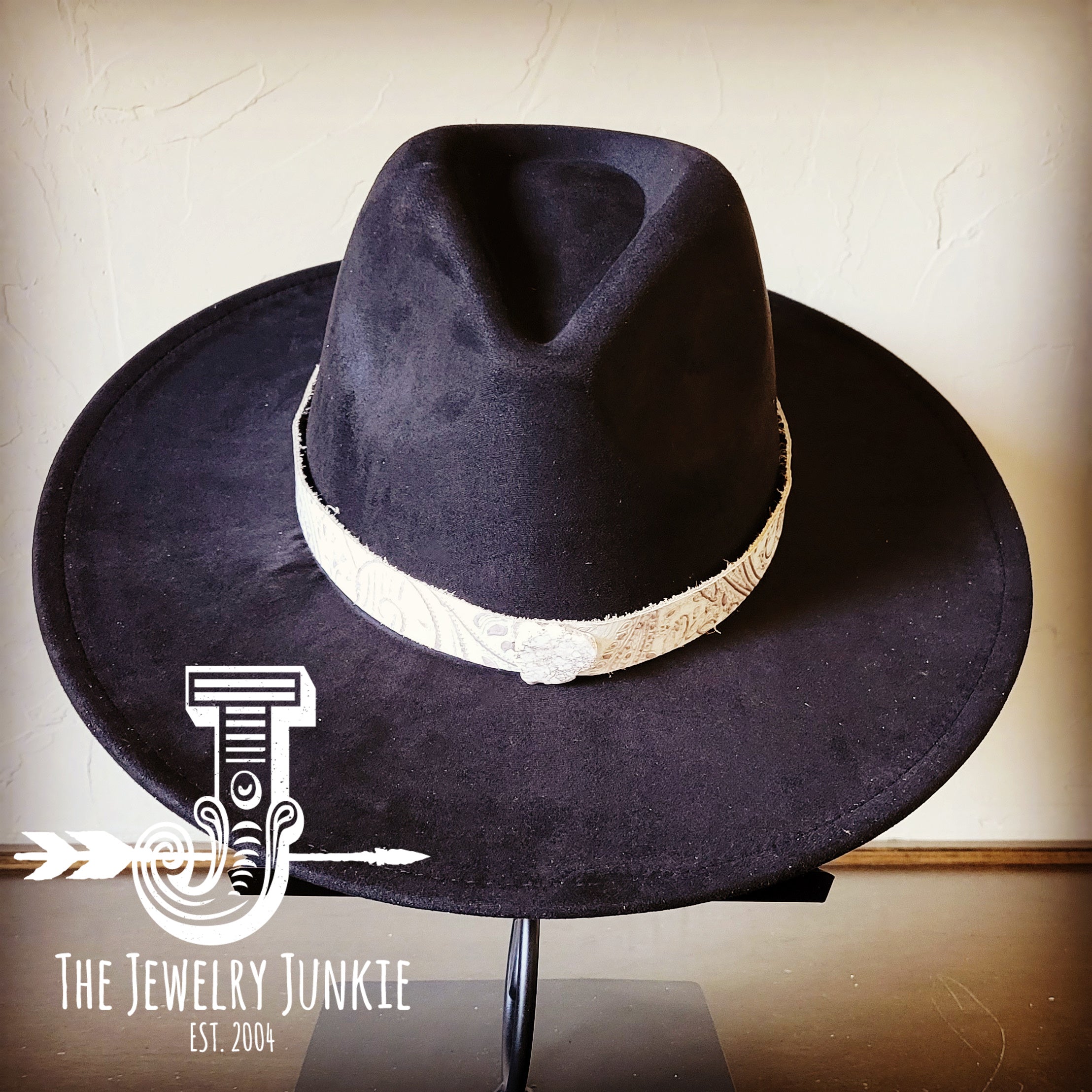 Boho Western Felt Hat w/ Choice of Leather Hat Band w/ Turquoise Slab-Black