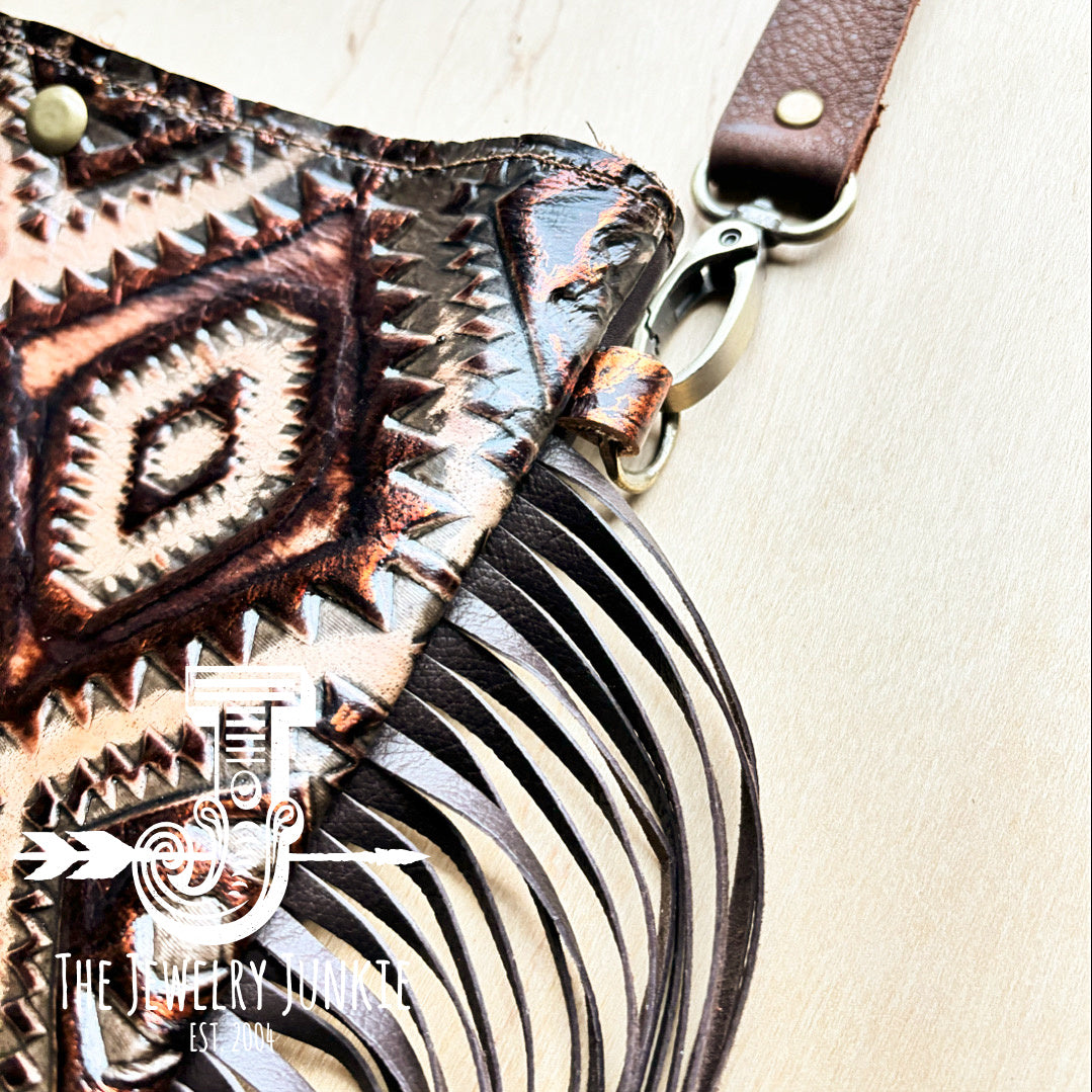 MEDIUM Crossbody Handbag w/ Copper Aztec Leather Full Fringe 513i