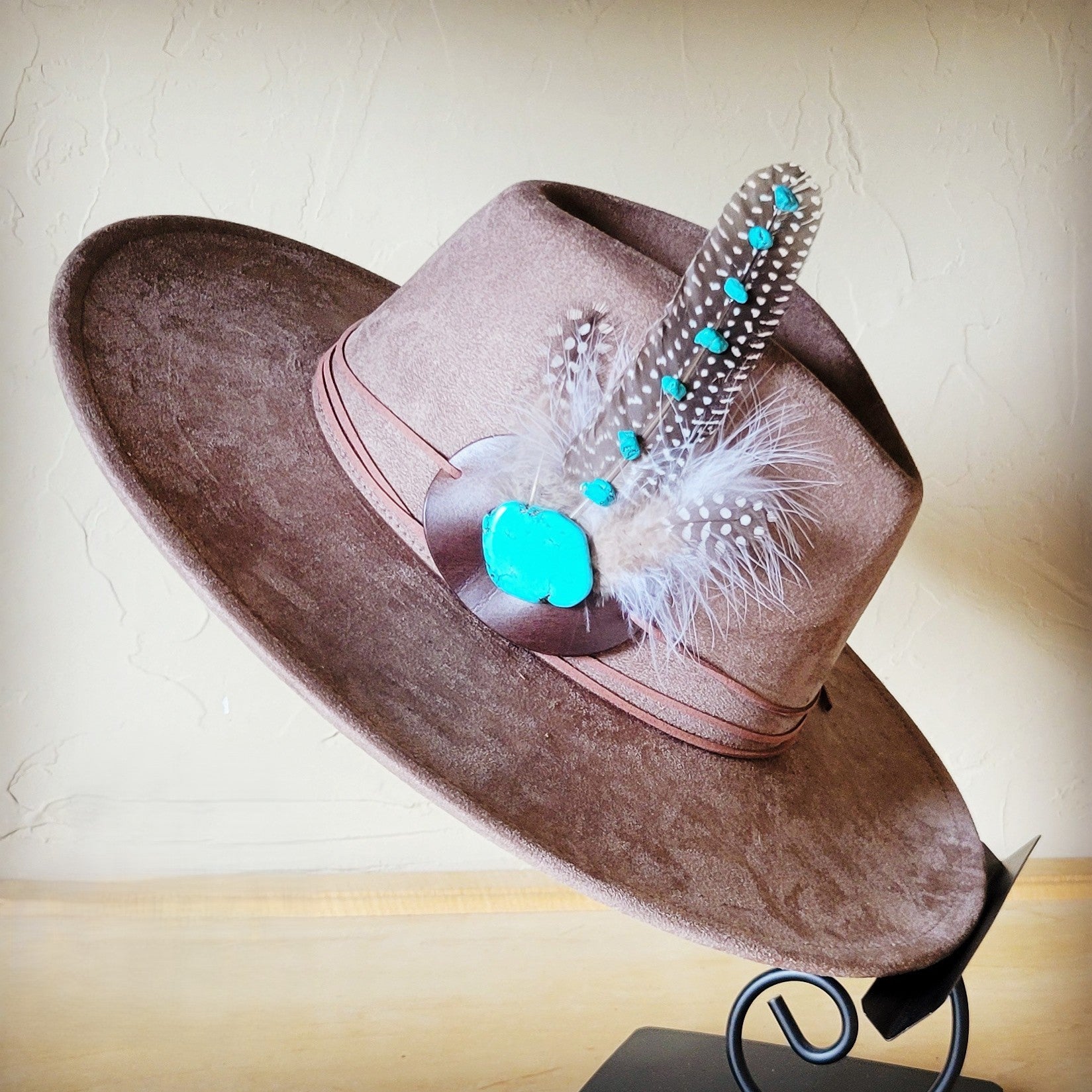 **Boho Western Hat w/ Choice of Feather Hat Band-Taupe 982b