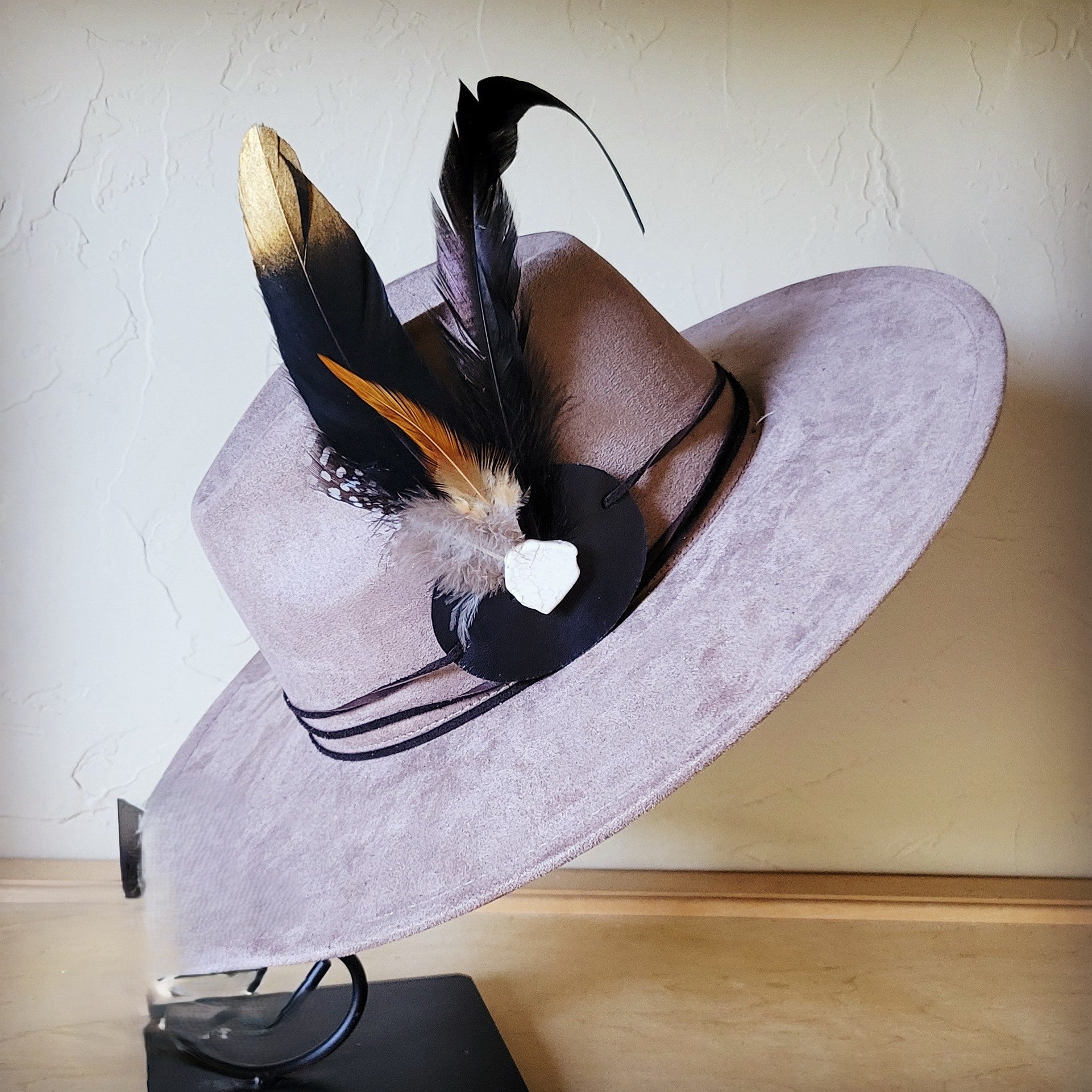 **Boho Western Hat w/ Choice of Feather Hat Band-Taupe 982b