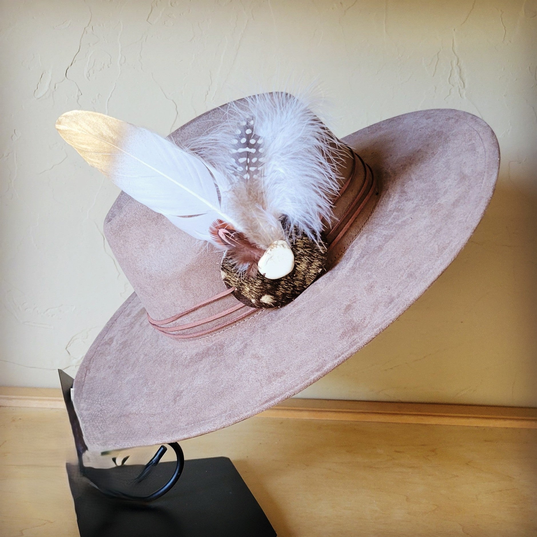 **Boho Western Hat w/ Choice of Feather Hat Band-Taupe 982b