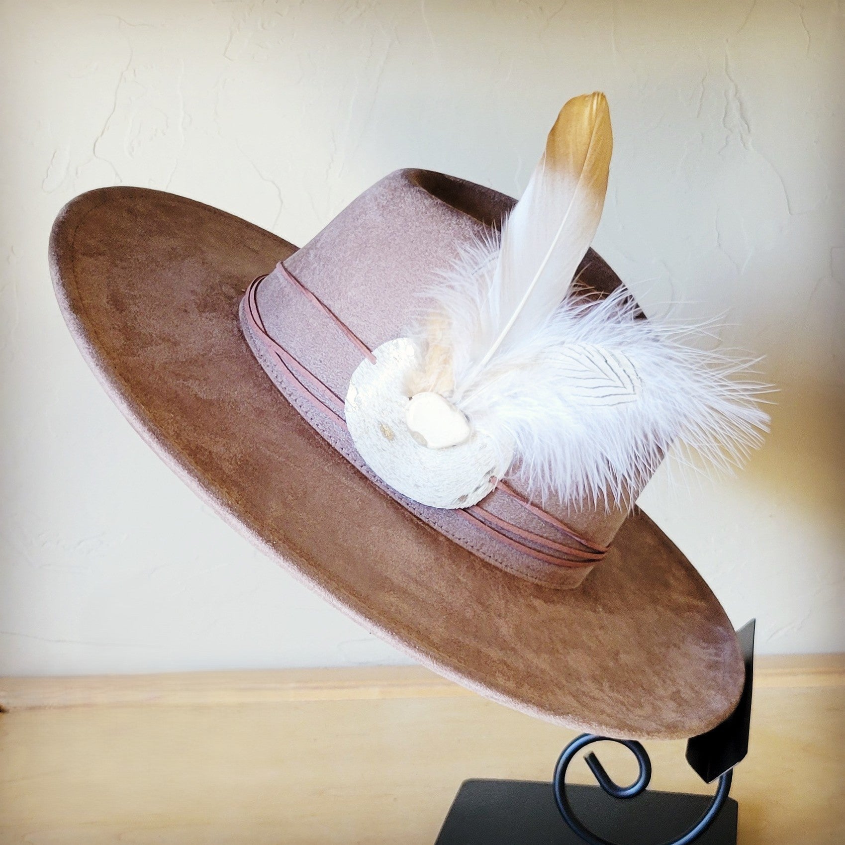 **Boho Western Hat w/ Choice of Feather Hat Band-Taupe 982b