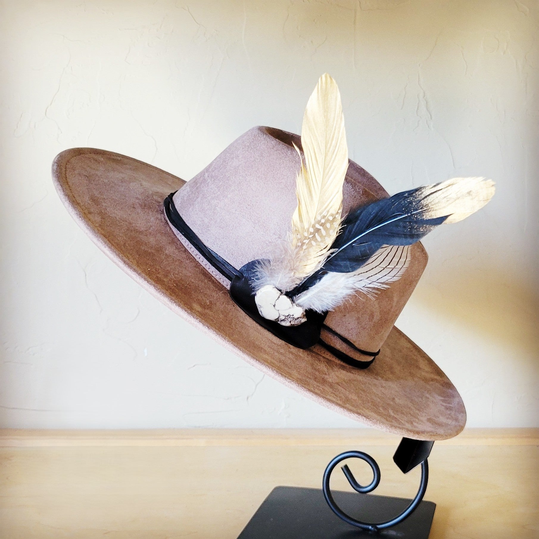 **Boho Western Hat w/ Choice of Feather Hat Band-Taupe 982b
