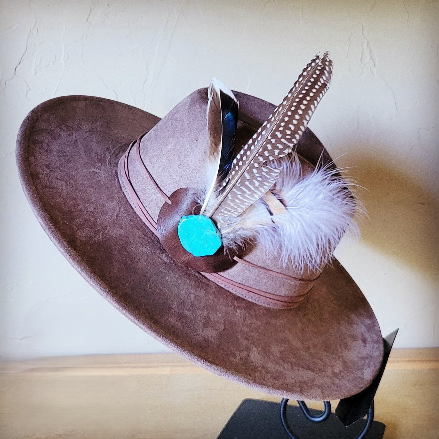 **Boho Western Hat w/ Choice of Feather Hat Band-Taupe 982b