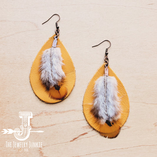 Leather Teardrop Mustard Earrings w/ Feather Accents 220c