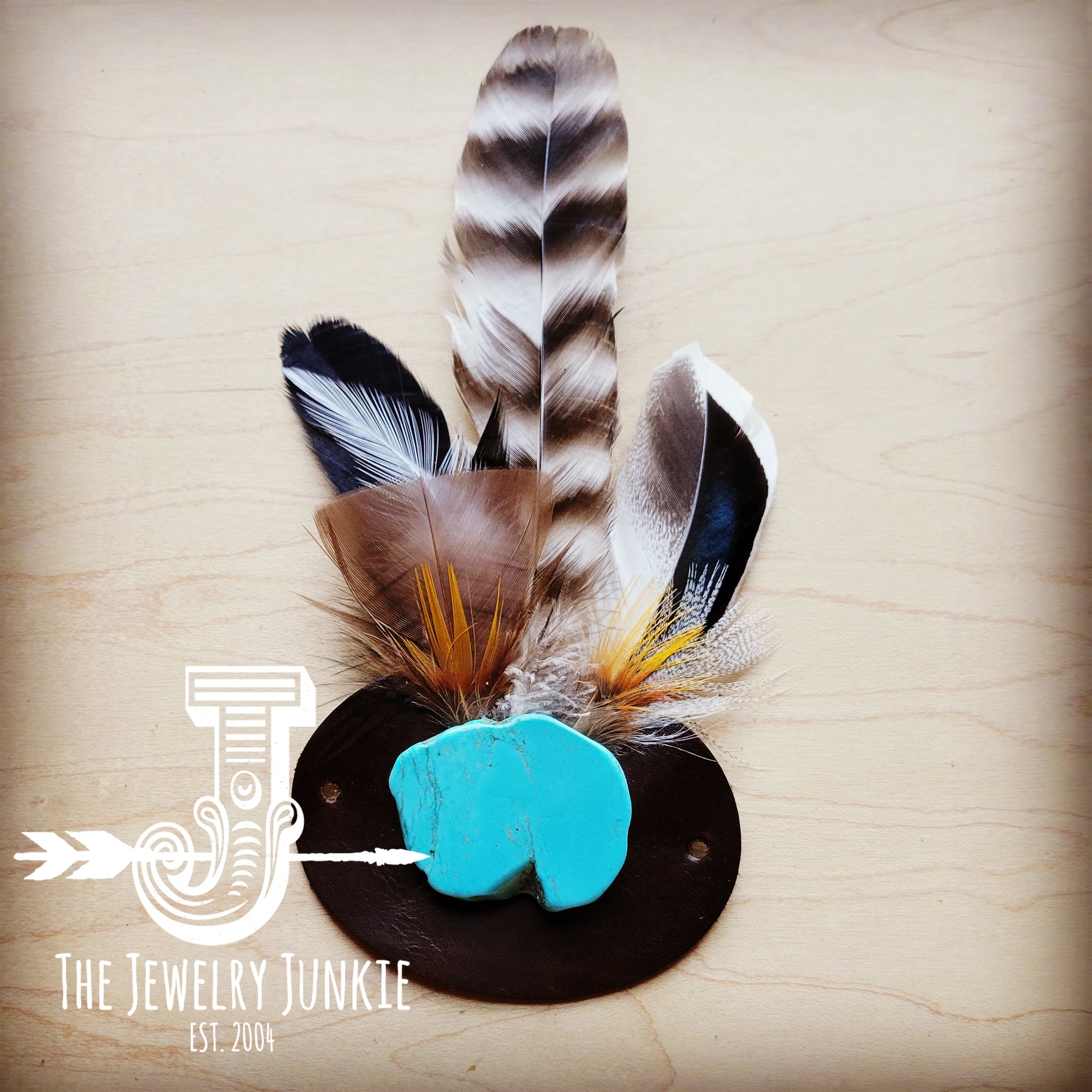 Blue Turquoise, Tan Feather & Leather Hat Band