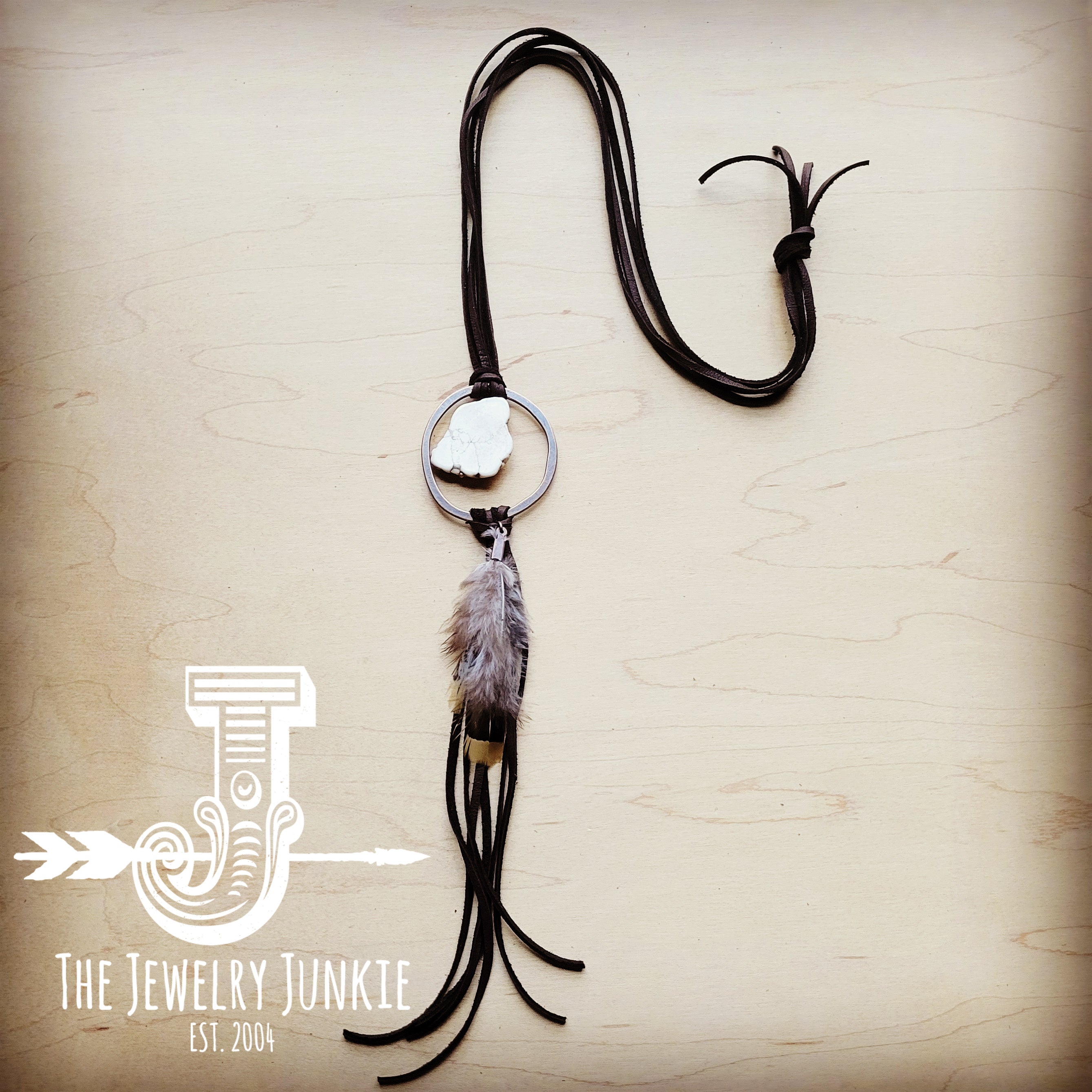 Brown Boho Leather Necklace w White Turquoise Yellow Feathers 256 The Jewelry Junkie