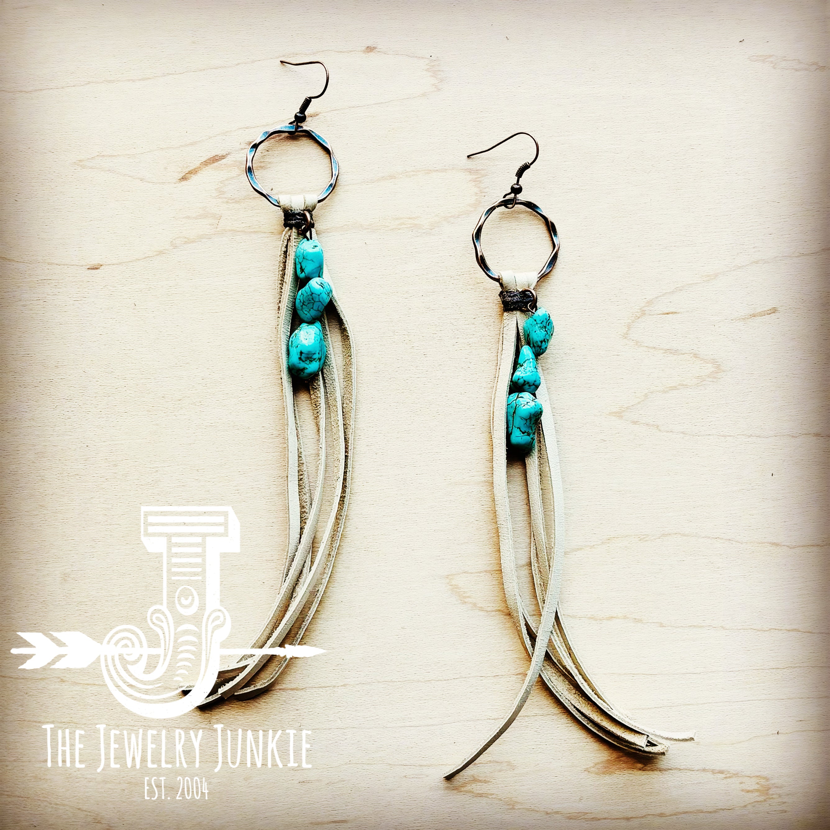 Leather Fringe Earrings with Turquoise Chunks Cream 218q The Jewelry Junkie