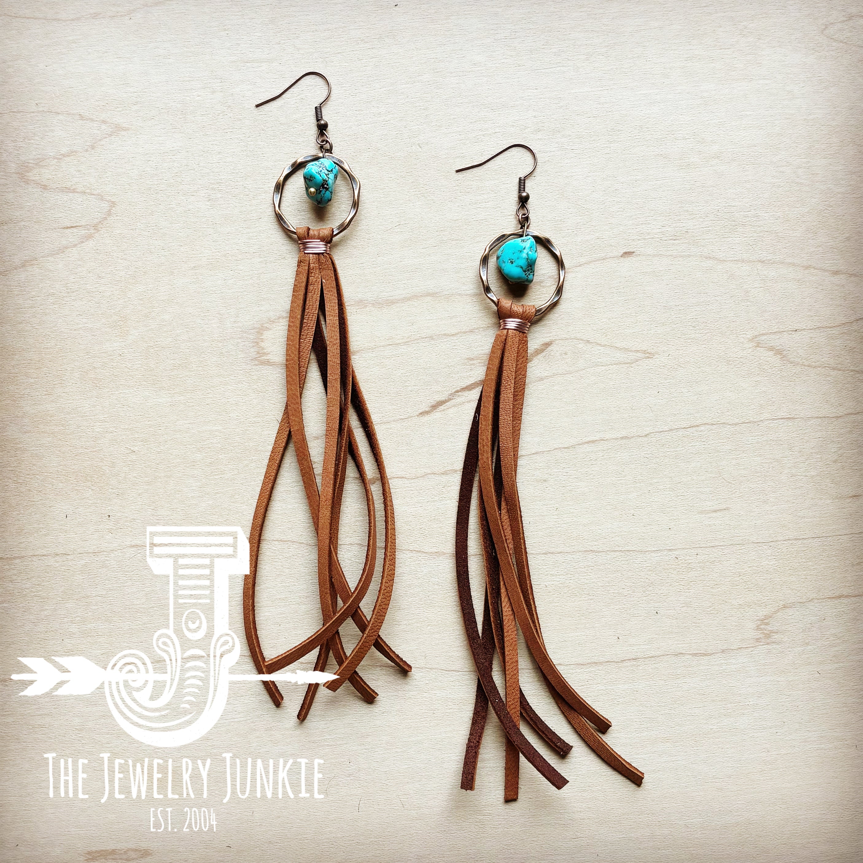 Turquoise Drop Earrings w Suede Leather Tassel 202s The Jewelry Junkie