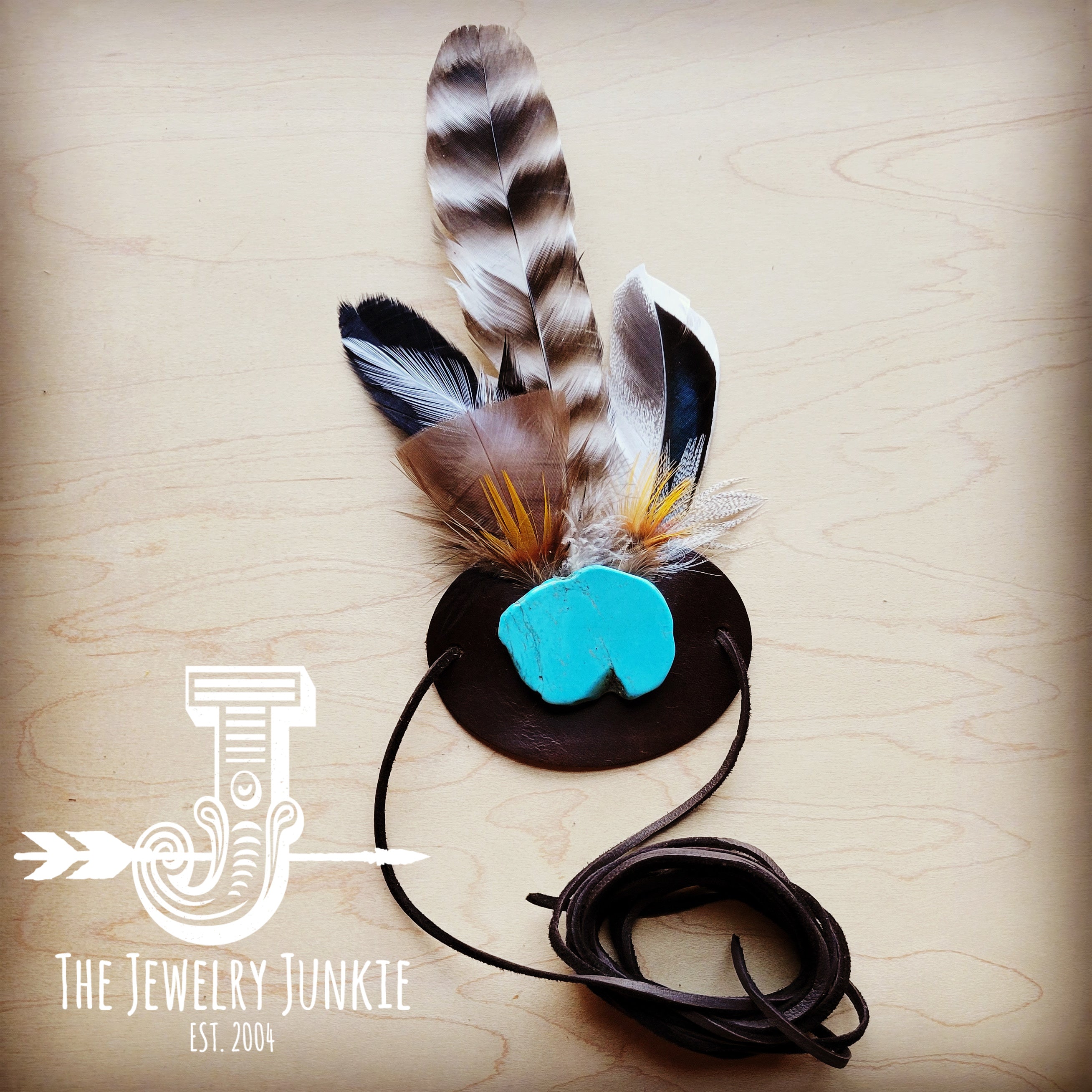 Blue Turquoise, Tan Feather & Leather Hat Band