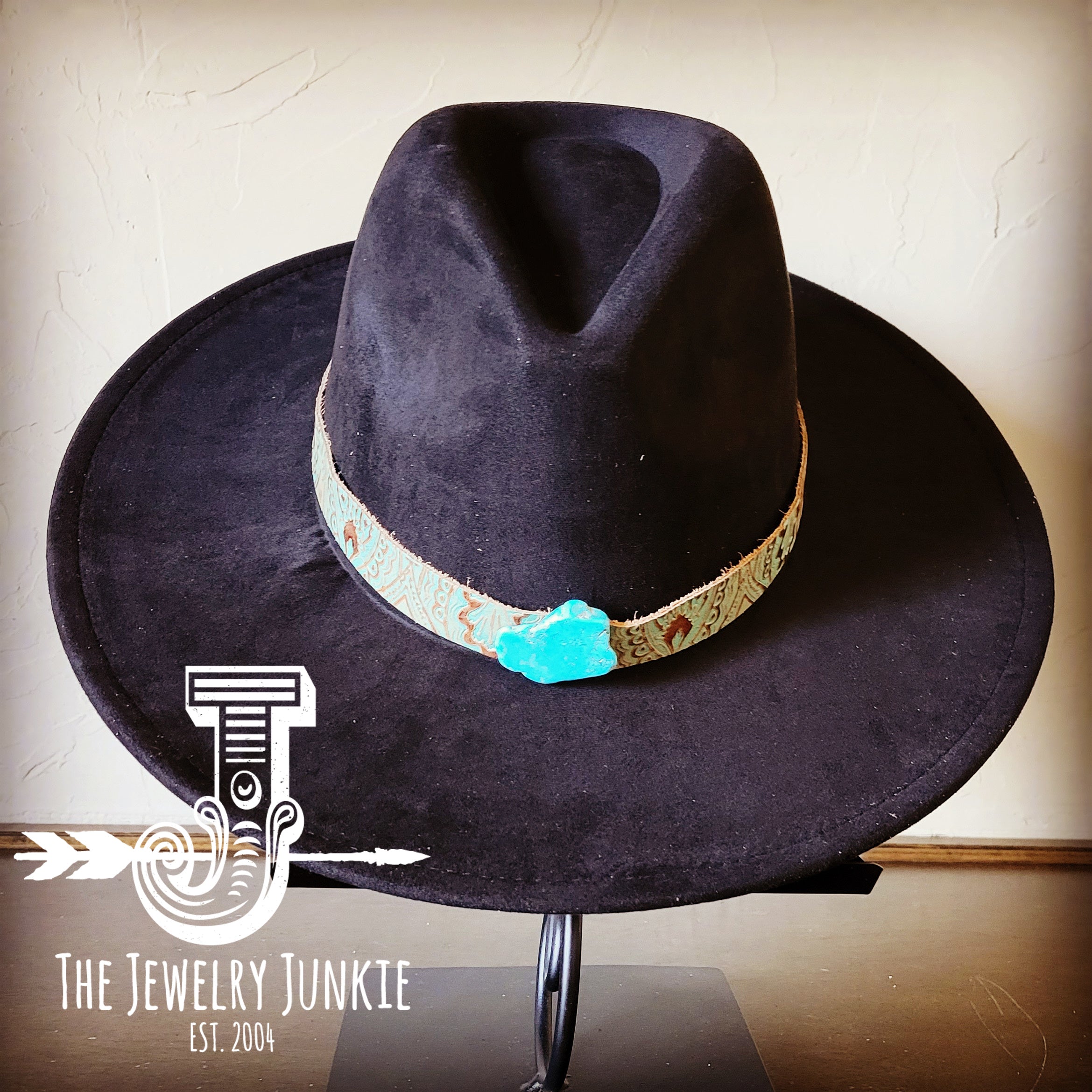 Boho Western Felt Hat w/ Choice of Leather Hat Band w/ Turquoise Slab-Black