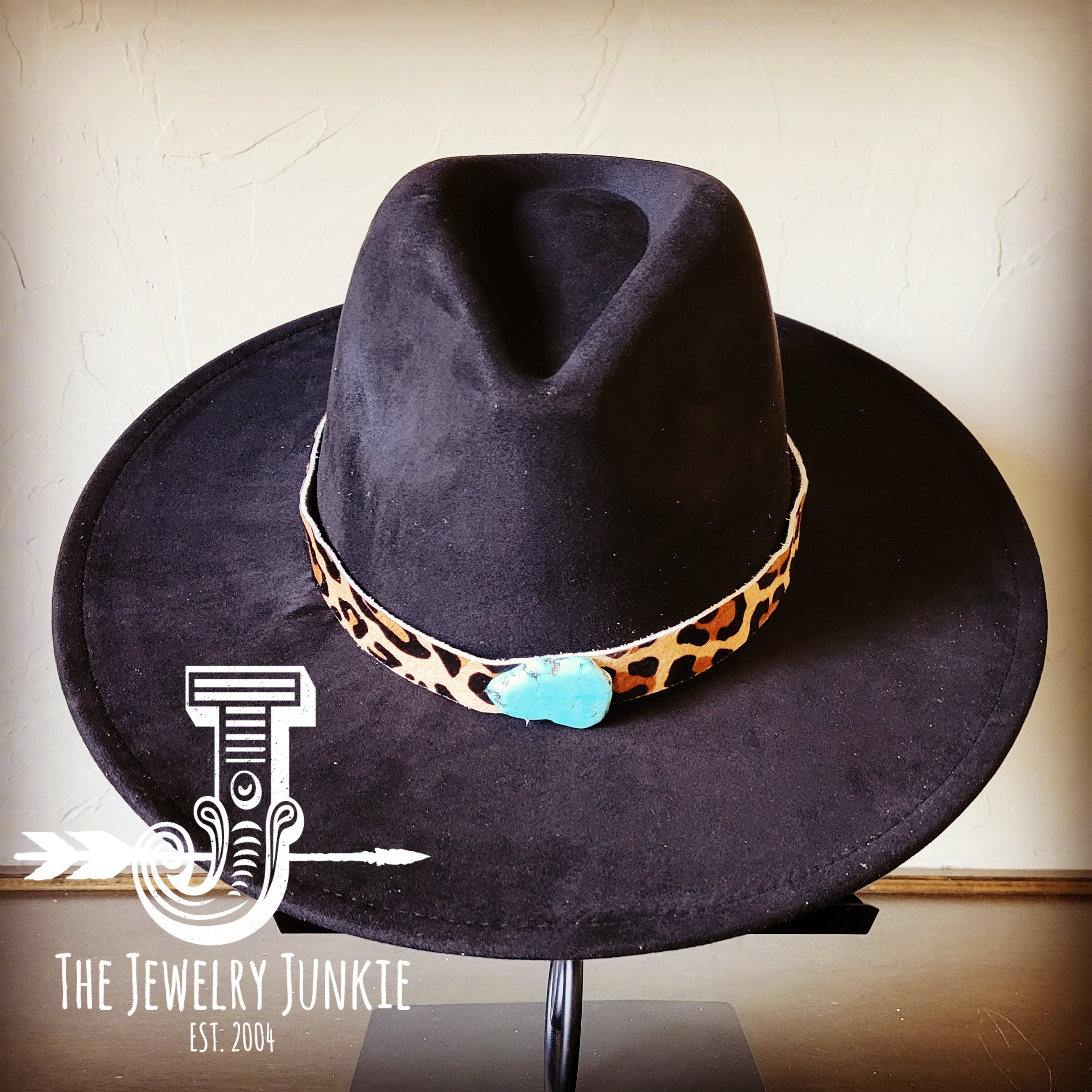 Boho Western Felt Hat w/ Choice of Leather Hat Band w/ Turquoise Slab-Black