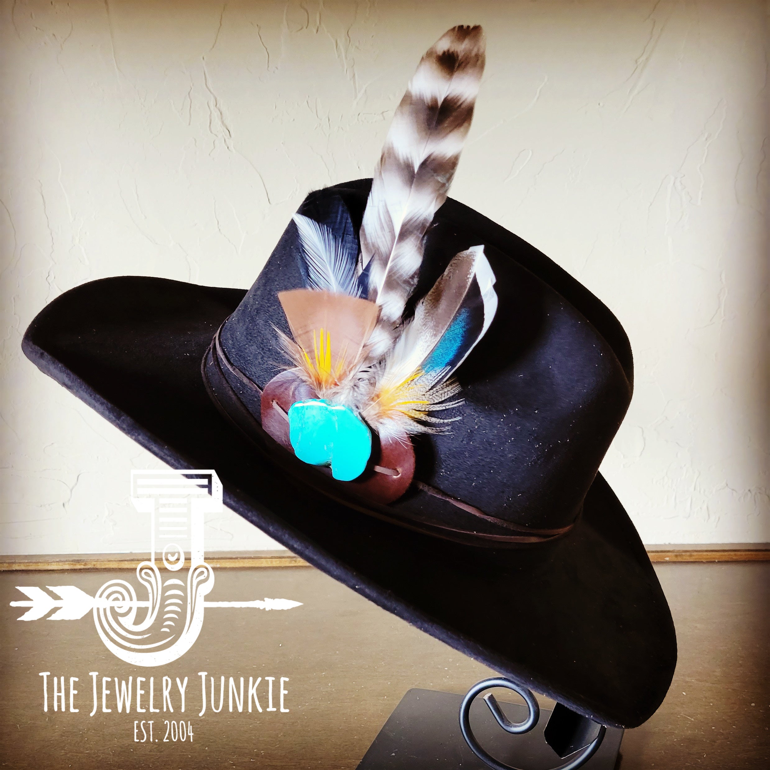 Blue Turquoise, Tan Feather & Leather Hat Band