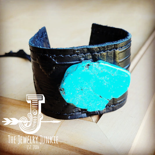 **Leather Cuff w/ Leather Tie-Black Navajo and Turquoise Slab 014w