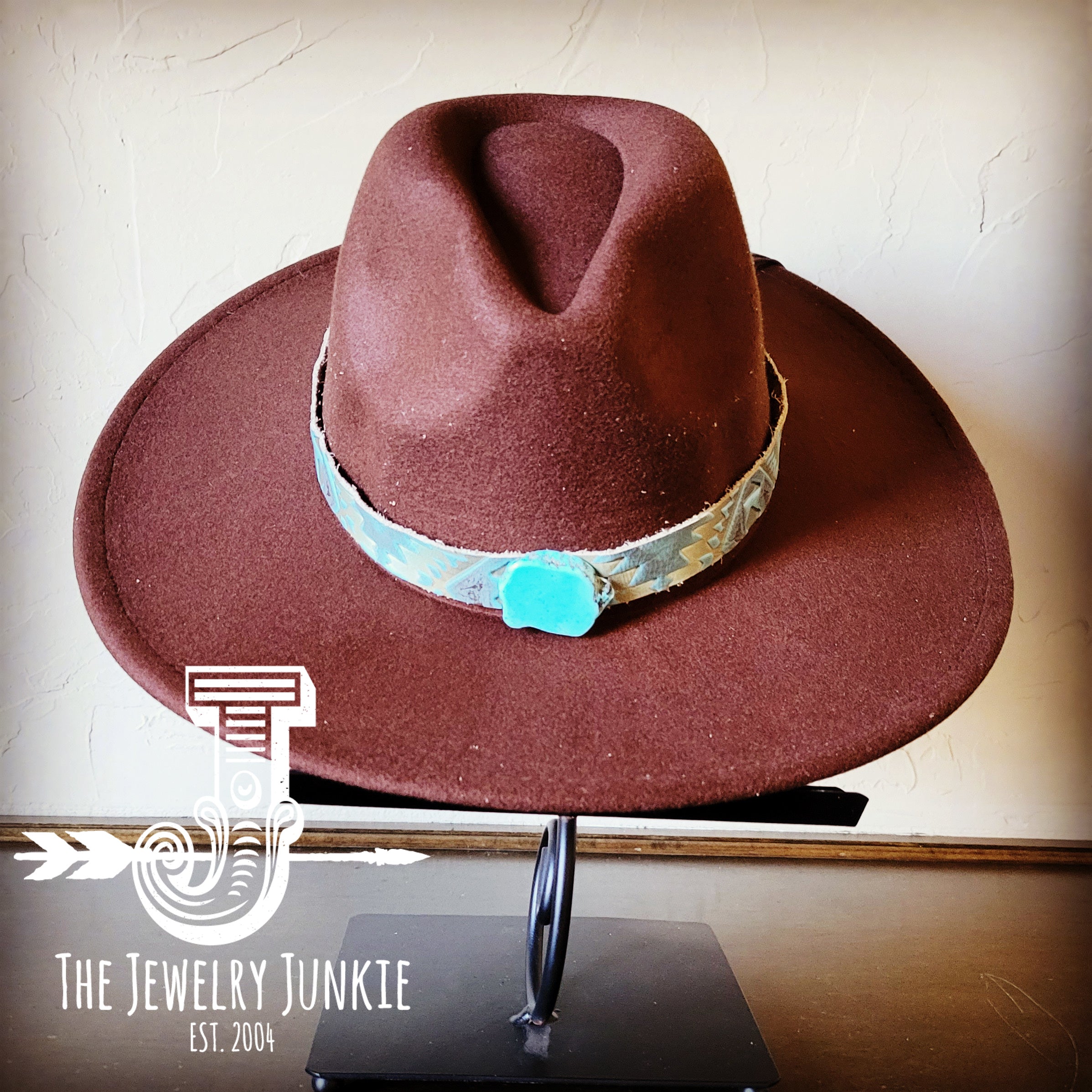 Boho Western Felt Hat w/ Choice of Leather Hat Band w/ Turquoise Slab-Brown