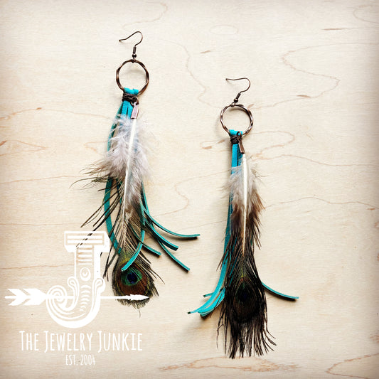 Turquoise Deer Skin Leather Tassel Earring Peacock Feather 219L