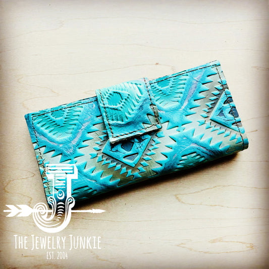 **Embossed Leather Wallet-Aztec Cyan with Snap 305g