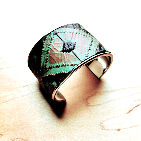 Wide Cuff Bangle Bracelet in Turquoise Navajo Leather 001m