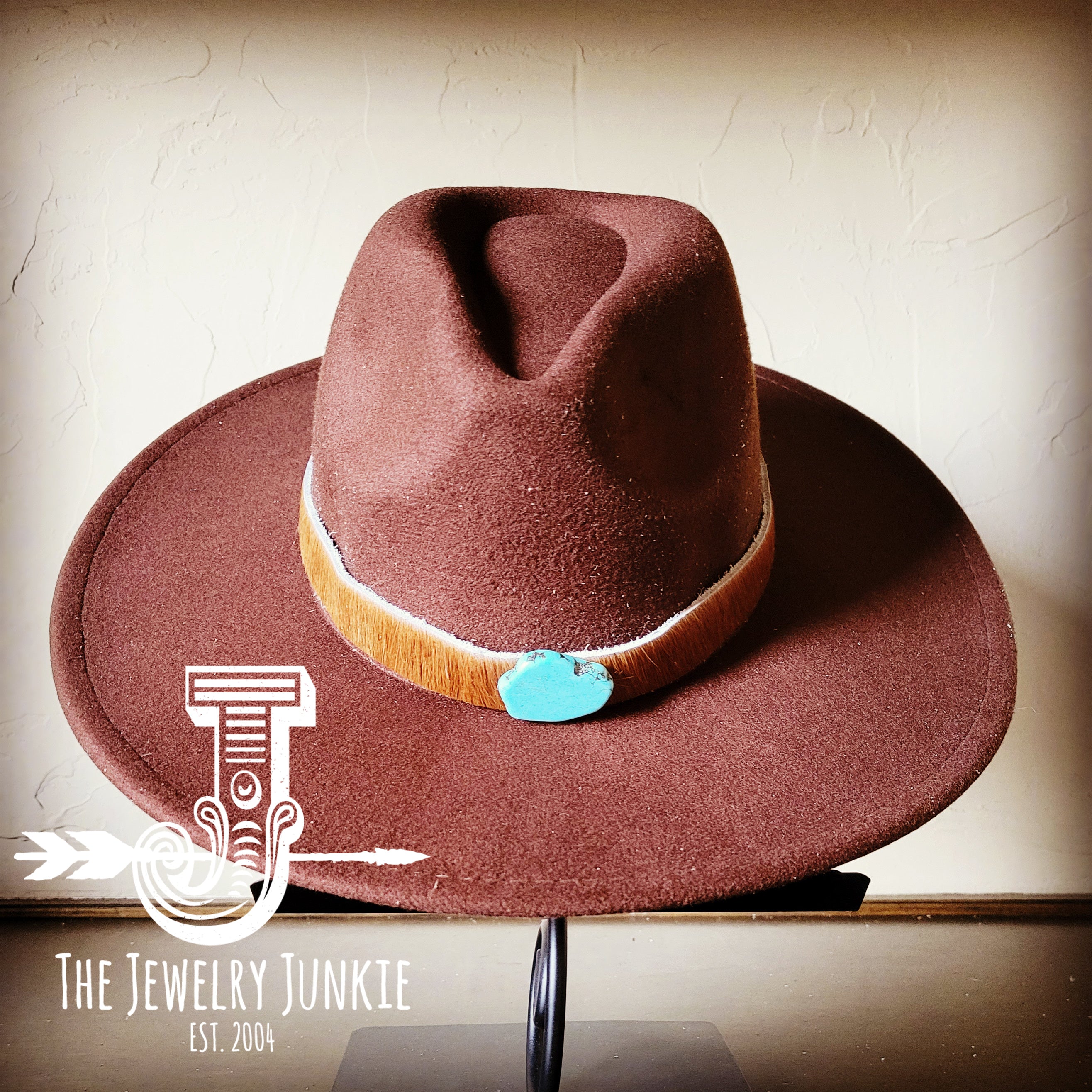 Boho Western Felt Hat w/ Choice of Leather Hat Band w/ Turquoise Slab-Brown