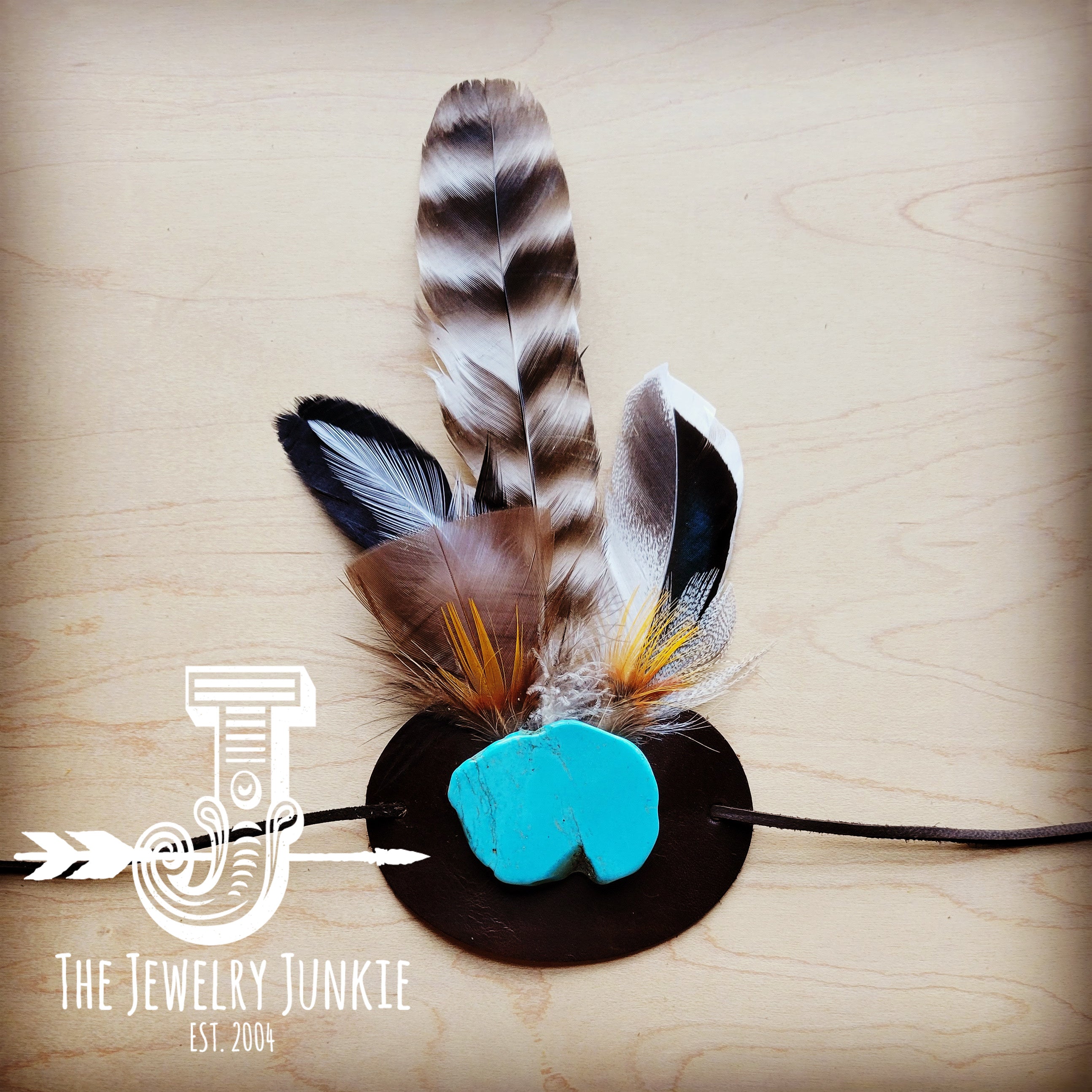 Blue Turquoise, Tan Feather & Leather Hat Band