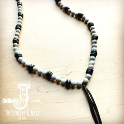 Frosted Aqua Terra Necklace w/ Wood Beads & Leather Tassel 258a