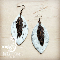 Leather Oval Earrings Spotted Hair Hide w/ Copper Feather 219m