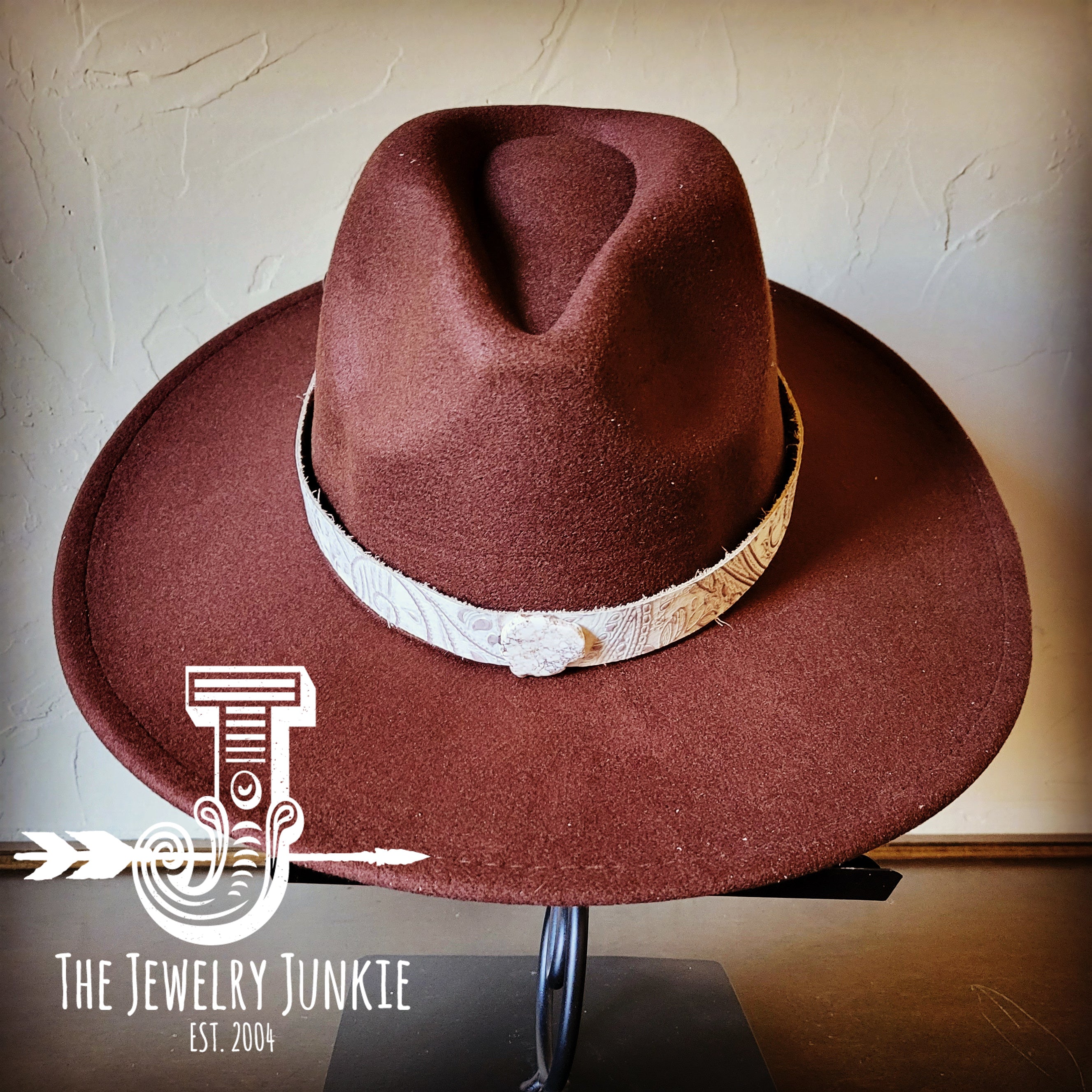 Boho Western Felt Hat w/ Choice of Leather Hat Band w/ Turquoise Slab-Brown