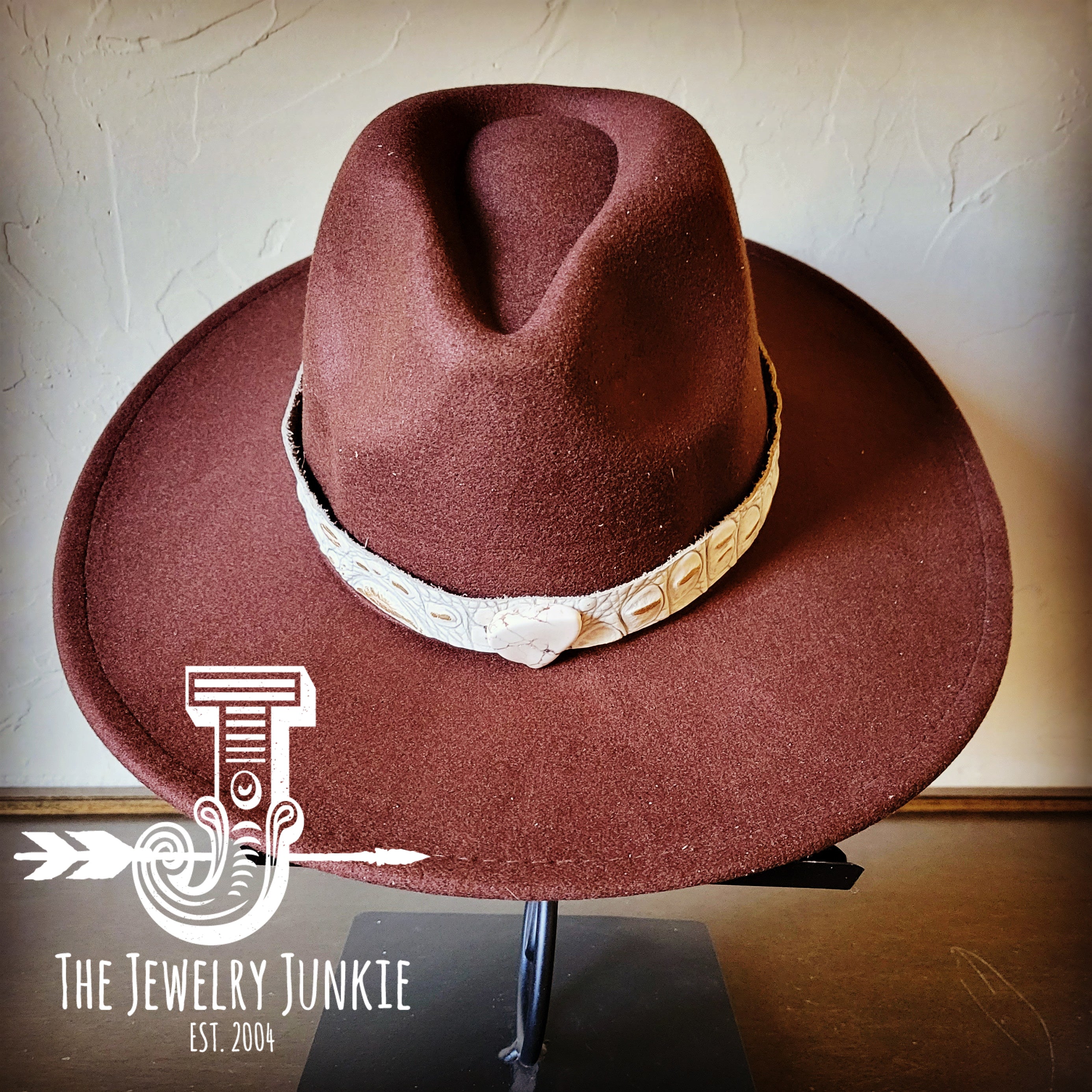 Boho Western Felt Hat w/ Choice of Leather Hat Band w/ Turquoise Slab-Brown 980h