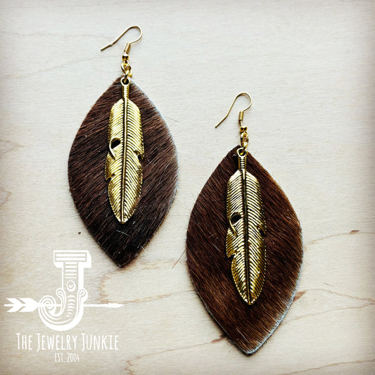 *Hair Hide Leather Oval Earrings Brown w/ Gold Feather 219p