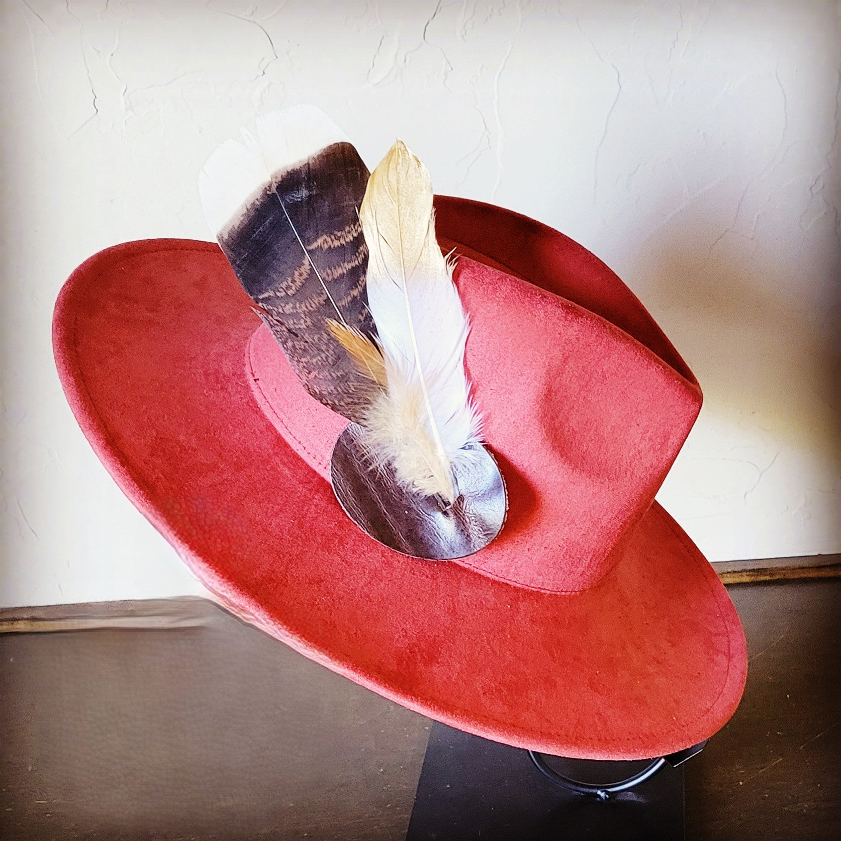 Boho Western Hat w/ Feather Tie Hat Band-Rust 982t
