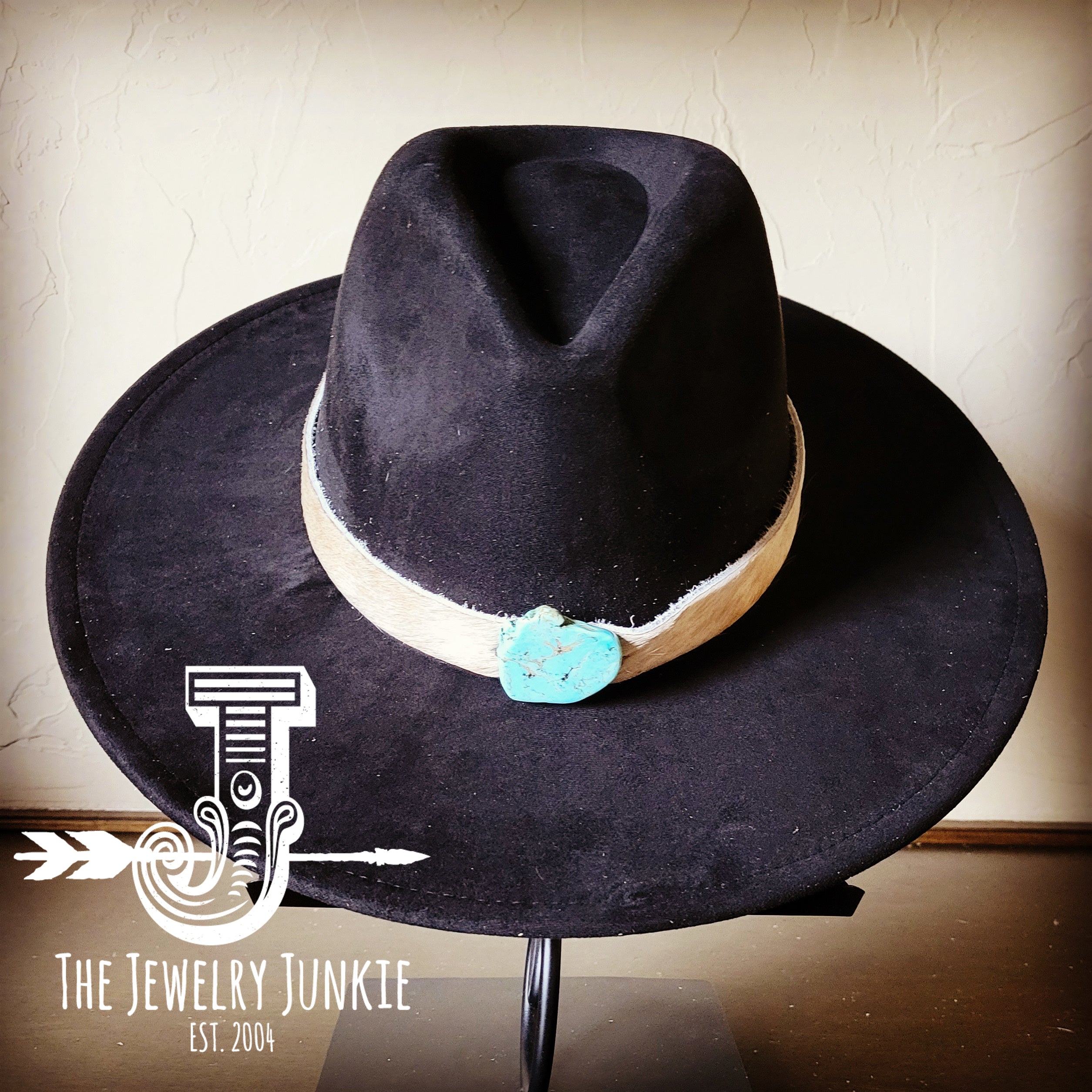 Boho Western Felt Hat w/ Choice of Leather Hat Band w/ Turquoise Slab-Black