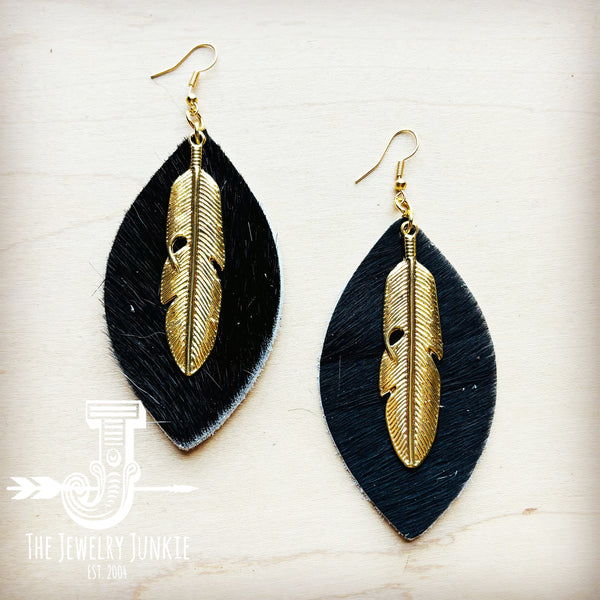 *Hair Hide Leather Oval Earrings Black w/ Gold Feather 219q