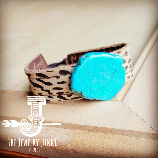 Narrow Leather Cuff w/ Turquoise Slab-Suede Cheetah 014d