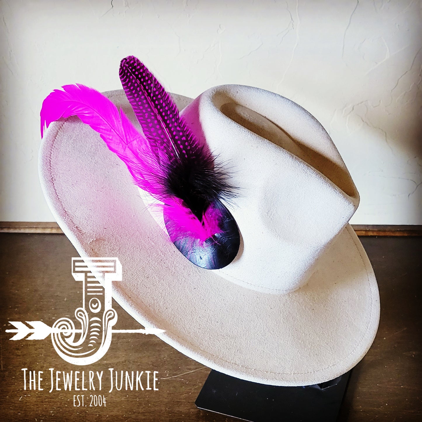 Boho Western Hat w/ Feather Tie Hat Band-Bone 982