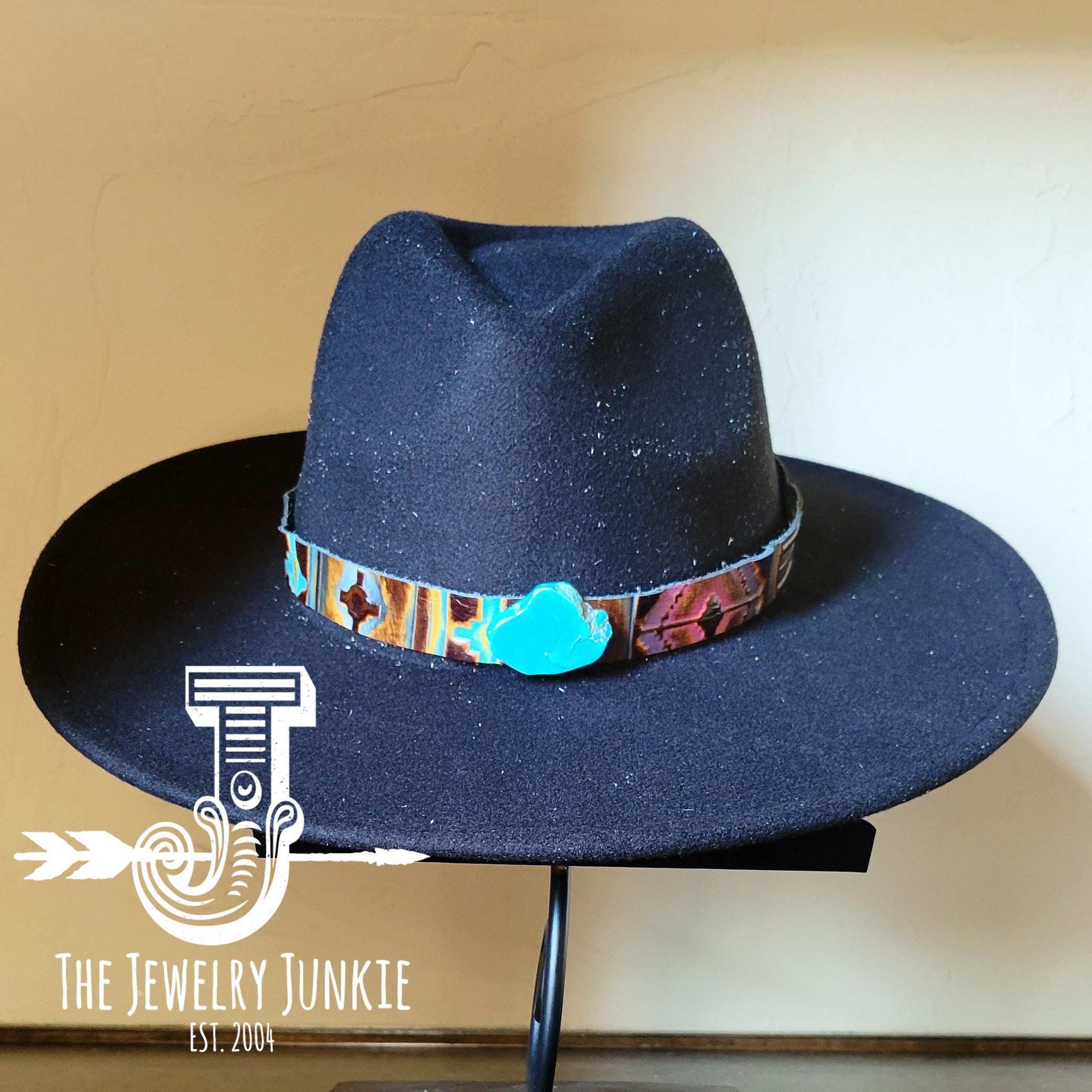Boho Western Felt Hat w/ Choice of Leather Hat Band w/ Turquoise Slab-Black