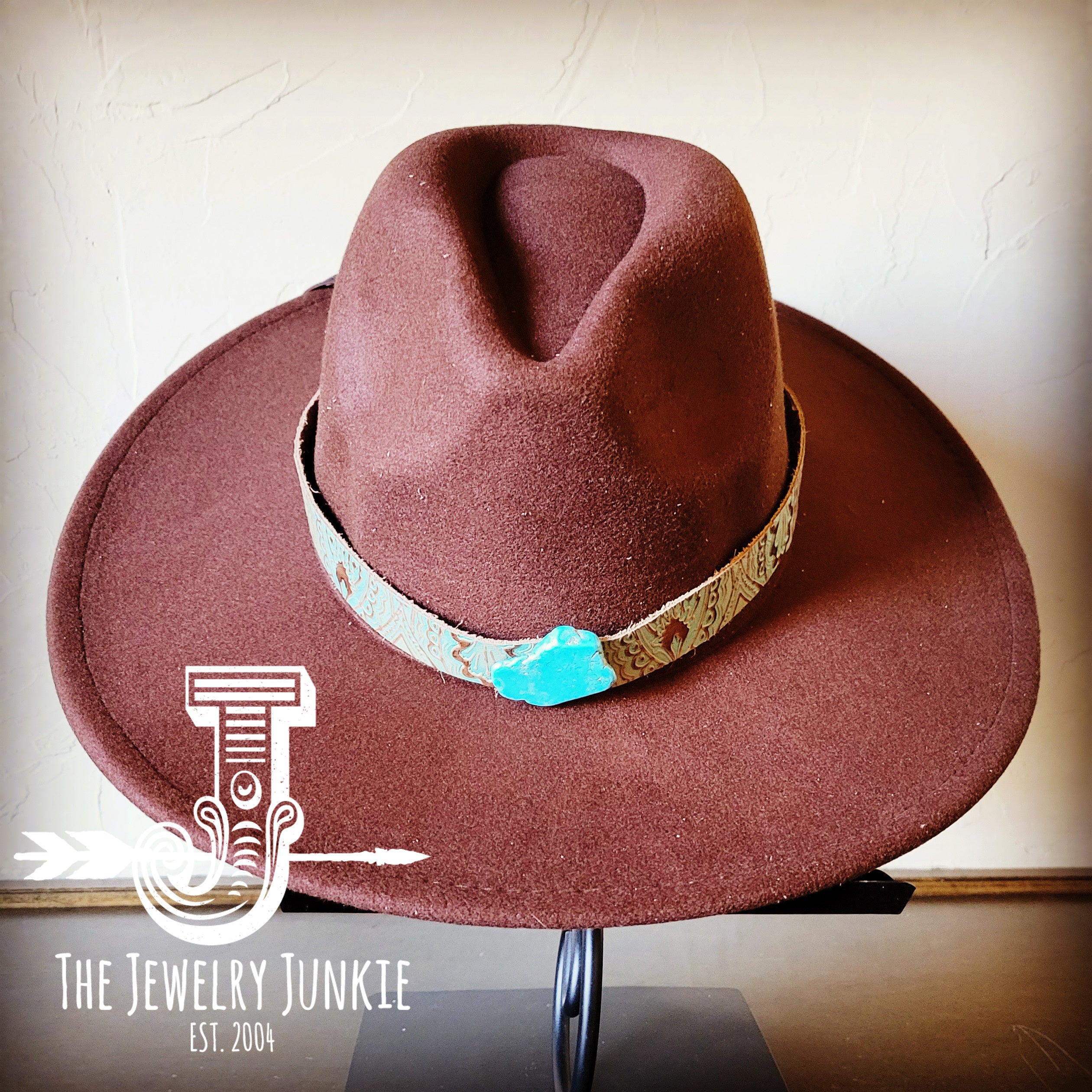 Boho Western Felt Hat w/ Choice of Leather Hat Band w/ Turquoise Slab-Brown 980h