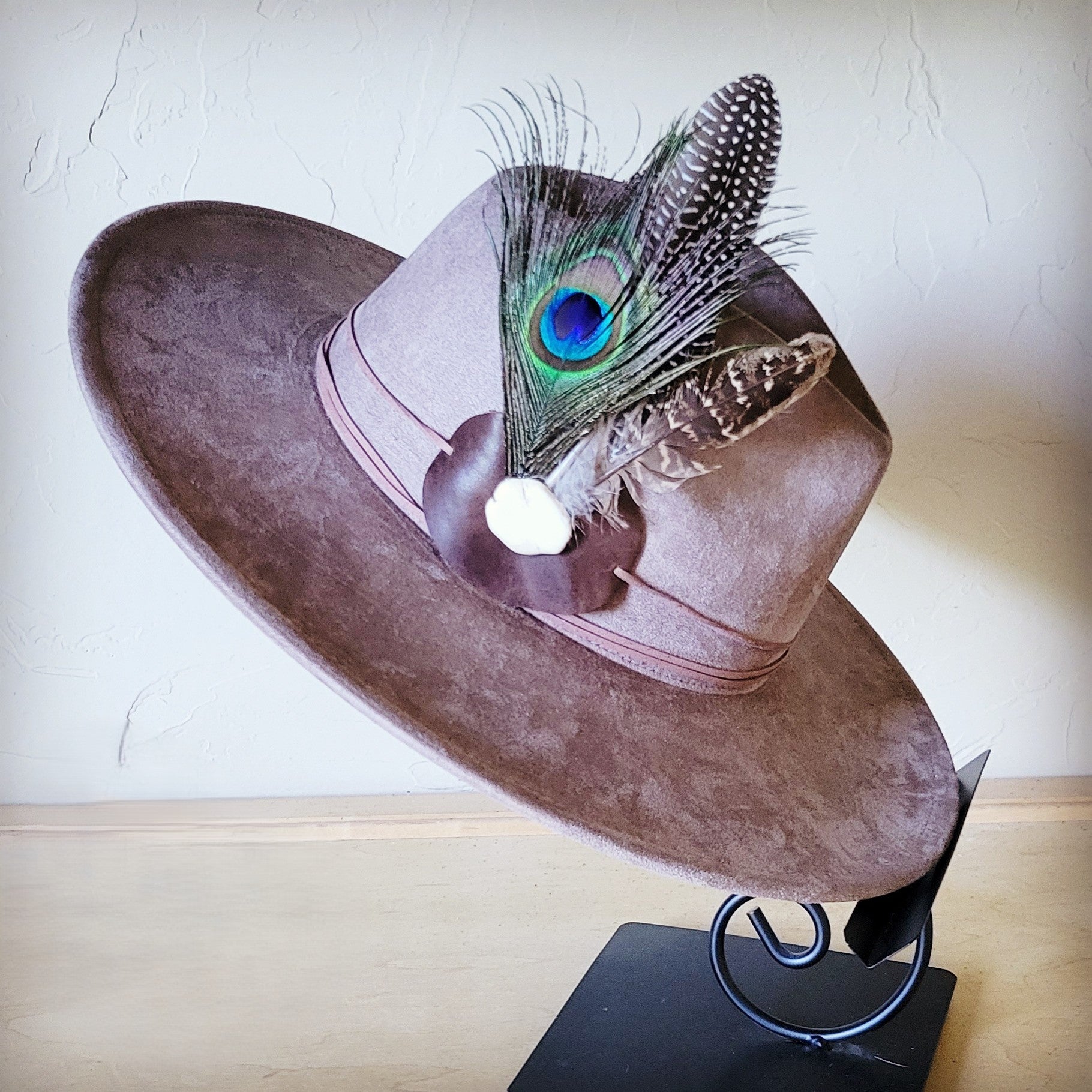 **Boho Western Hat w/ Choice of Feather Hat Band-Taupe 982b