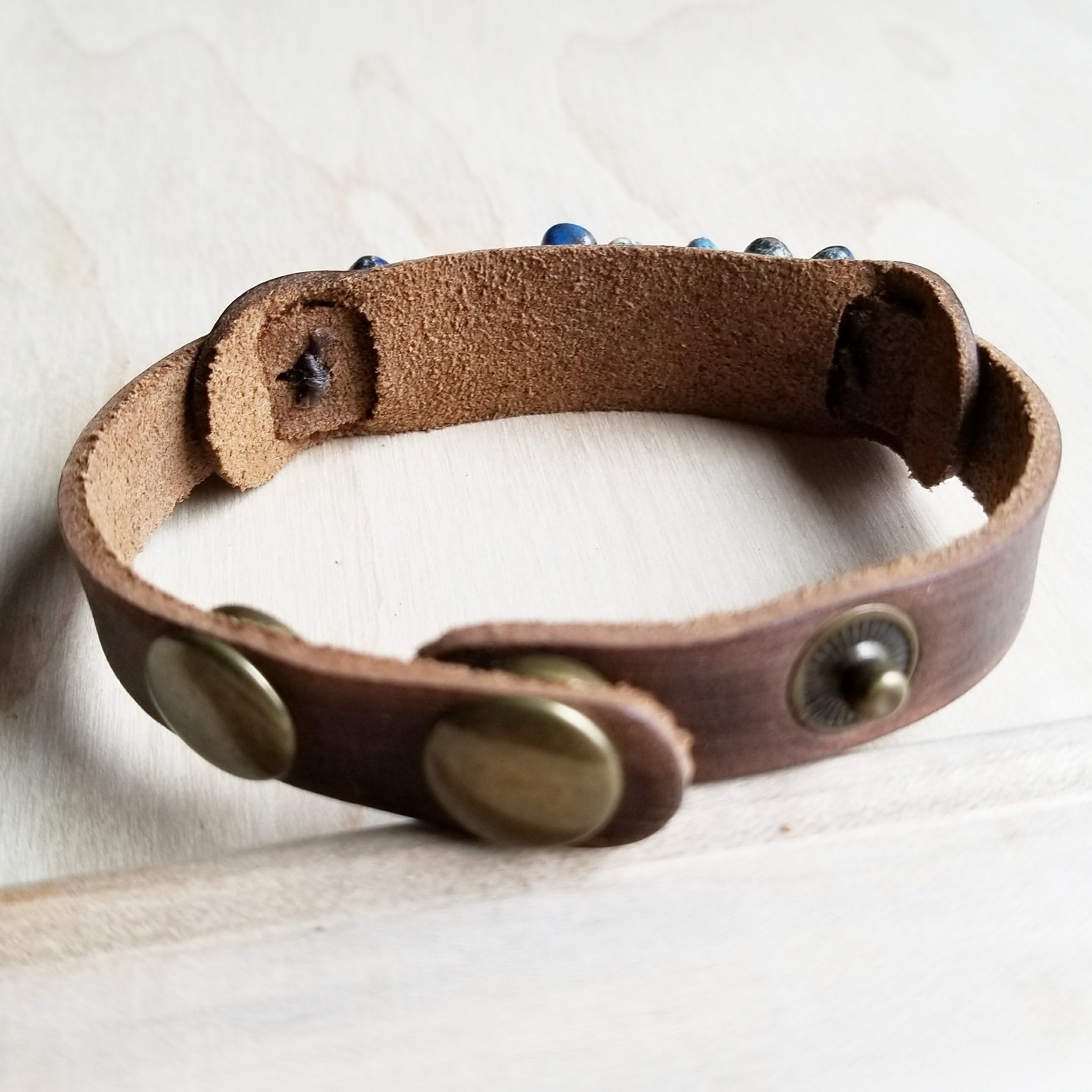 Dusty Leather Narrow Cuff with Turquoise Regalite Stones 006v - The Jewelry Junkie