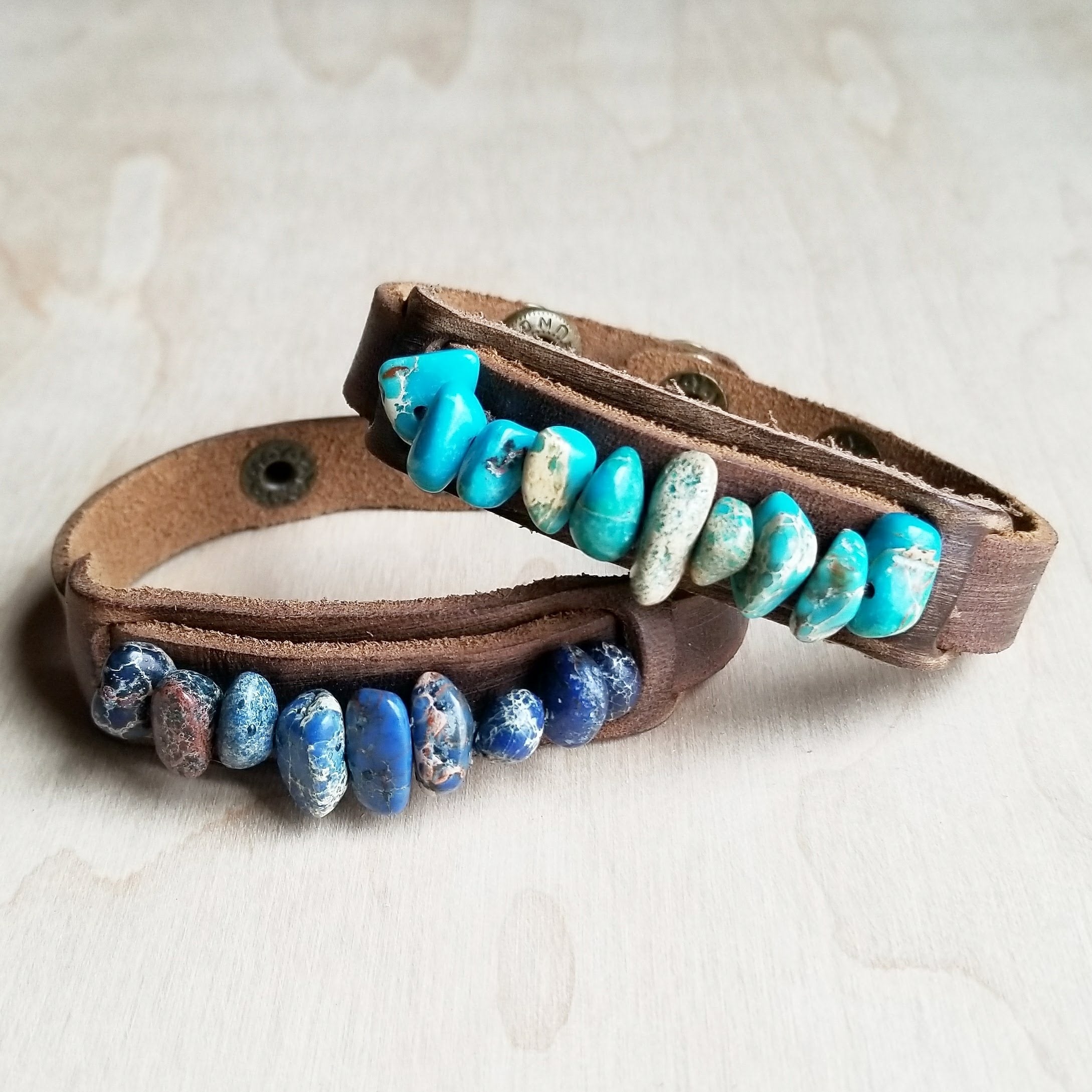 Dusty Leather Narrow Cuff with Turquoise Regalite Stones 006v - The Jewelry Junkie