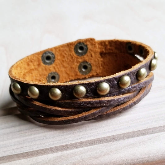 Multi-Strand Leather Cuff with Antique Gold Studs 007s - The Jewelry Junkie