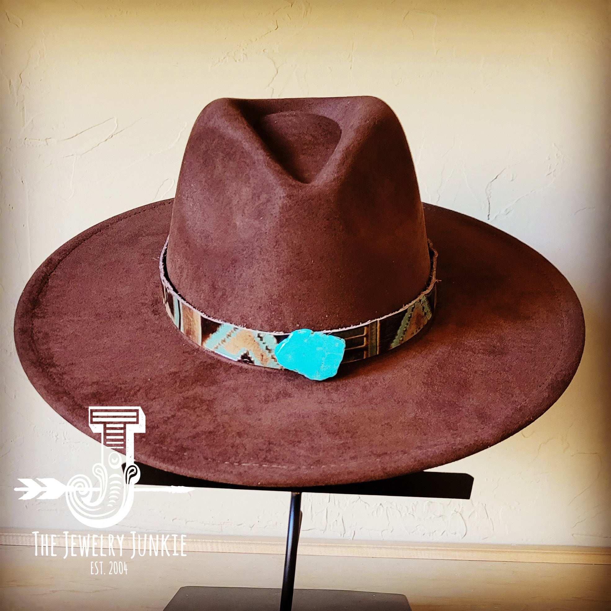 Boho Western Felt Hat w/ Choice of Leather Hat Band w/ Turquoise Slab-Brown