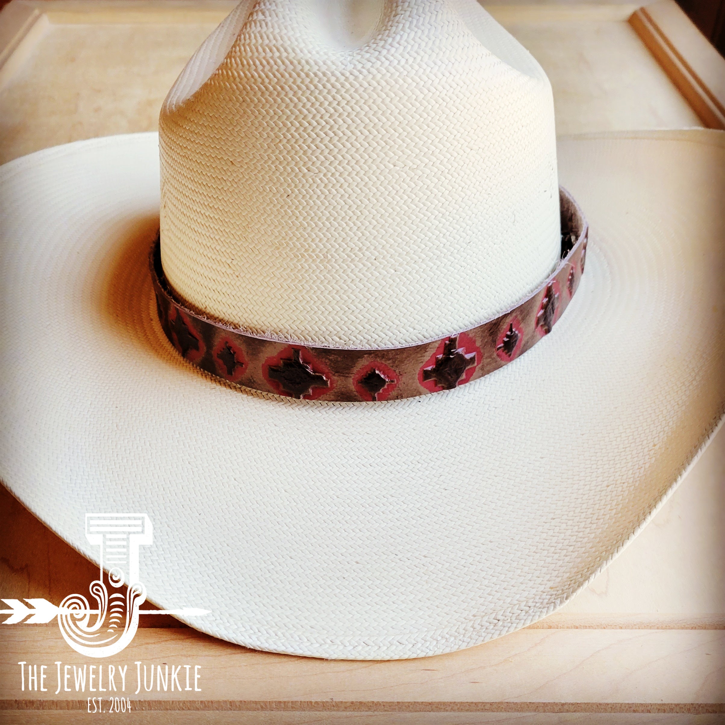 Red Navajo Embossed Leather Hat Band