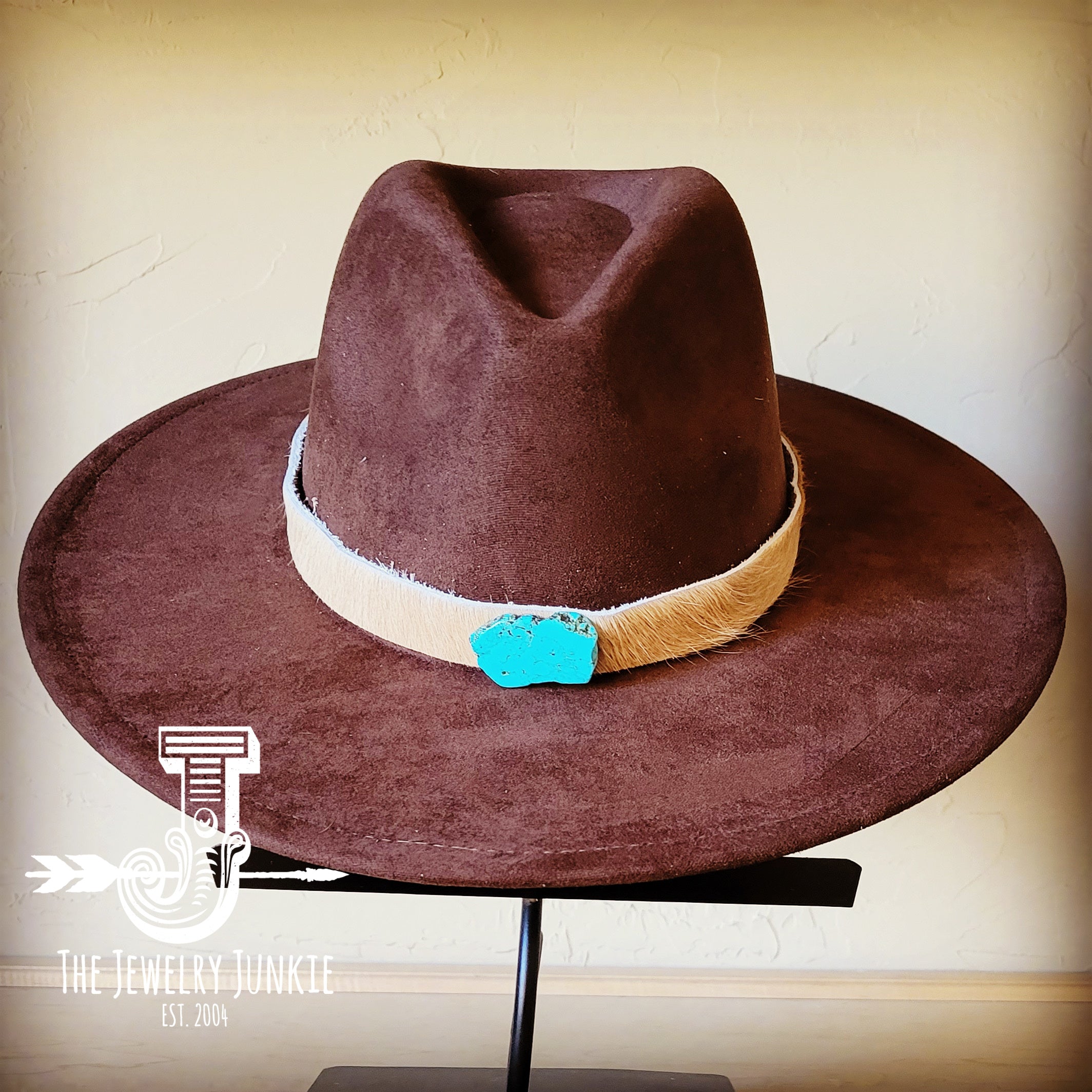 Boho Western Felt Hat w/ Choice of Leather Hat Band w/ Turquoise Slab-Brown
