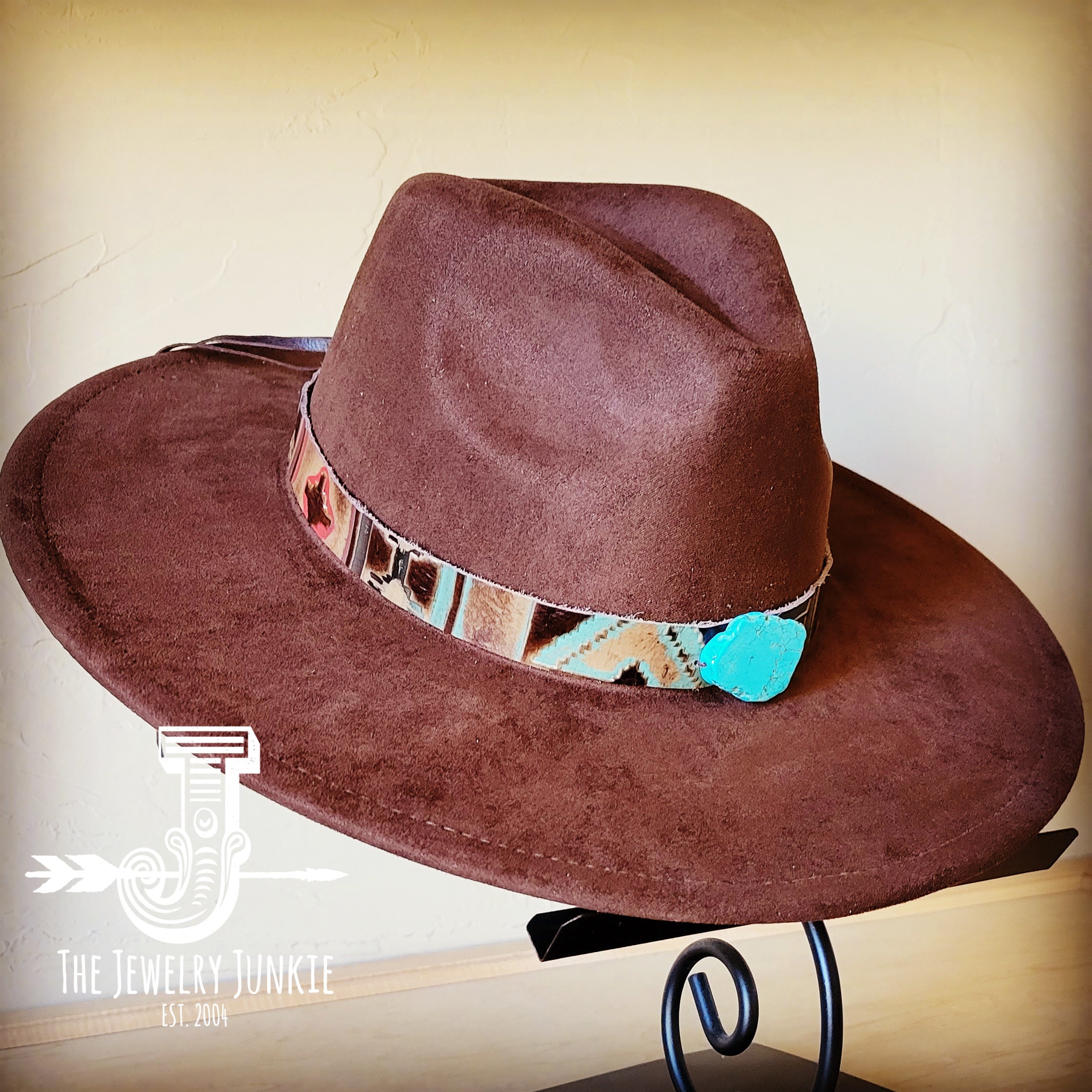 Navajo Embossed Leather Hat Band w/ Turquoise Slab