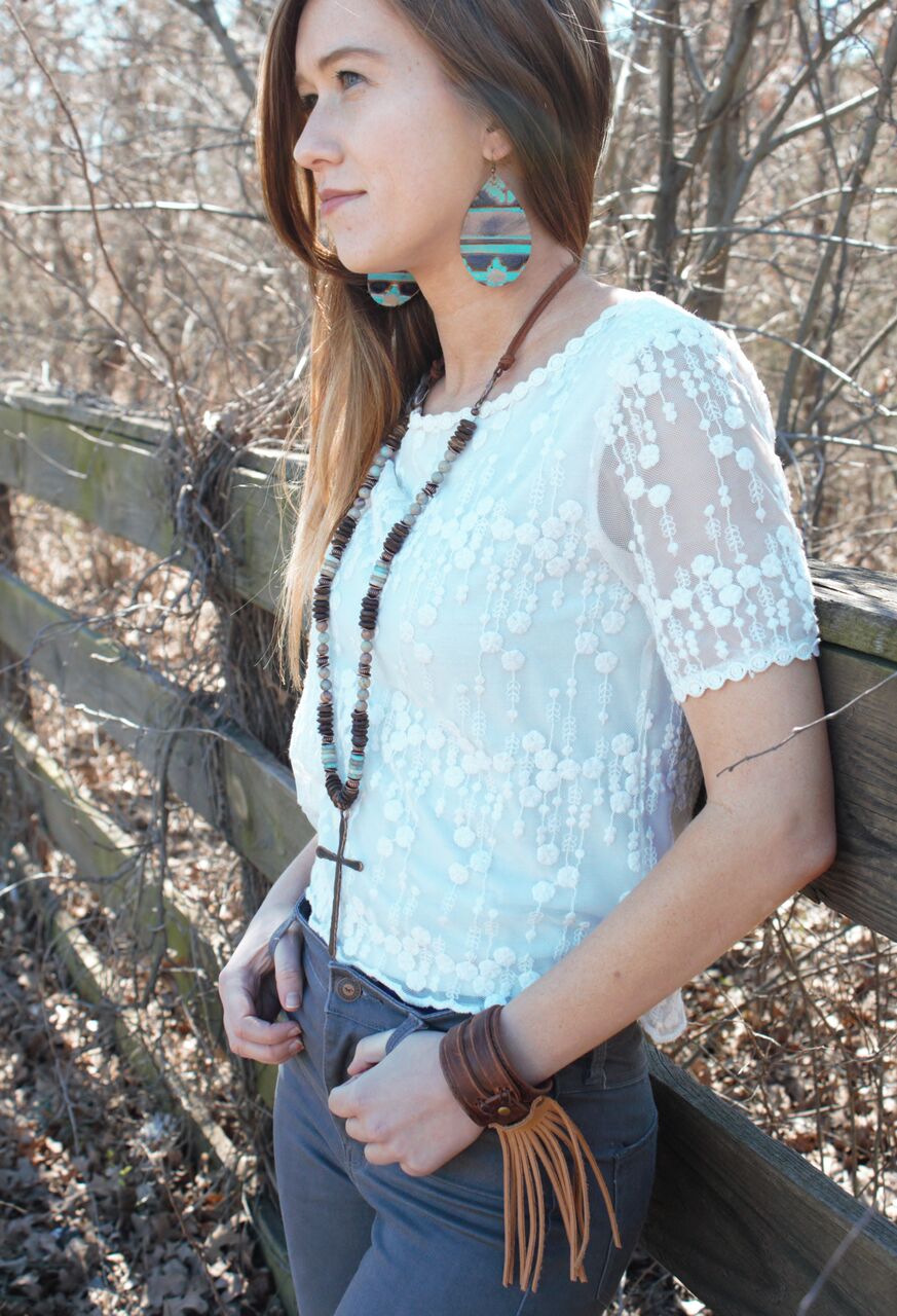 Aqua Terra and Wood Necklace with Copper Cross 237D - The Jewelry Junkie