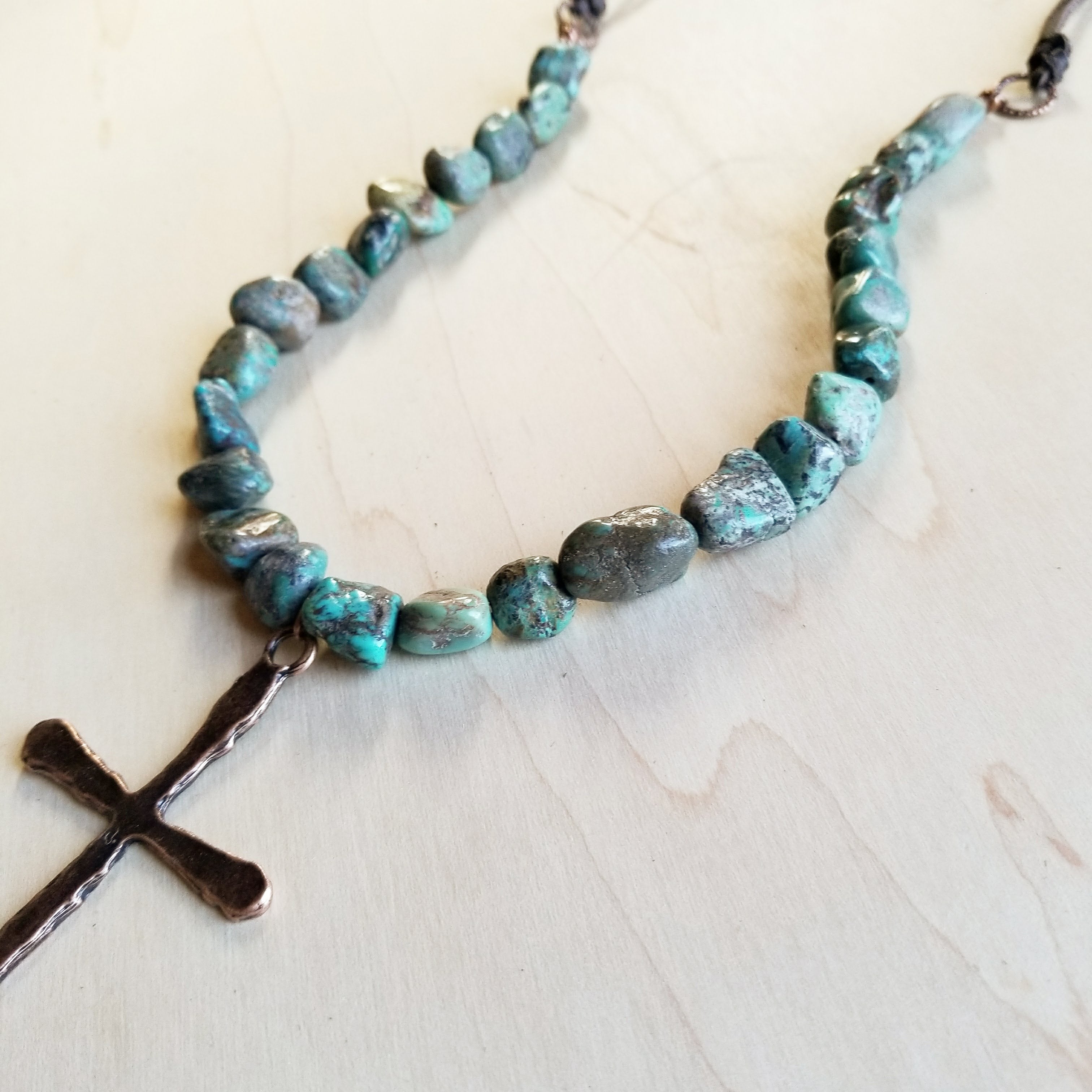 african turquoise necklace with large copper cross pendant 242u