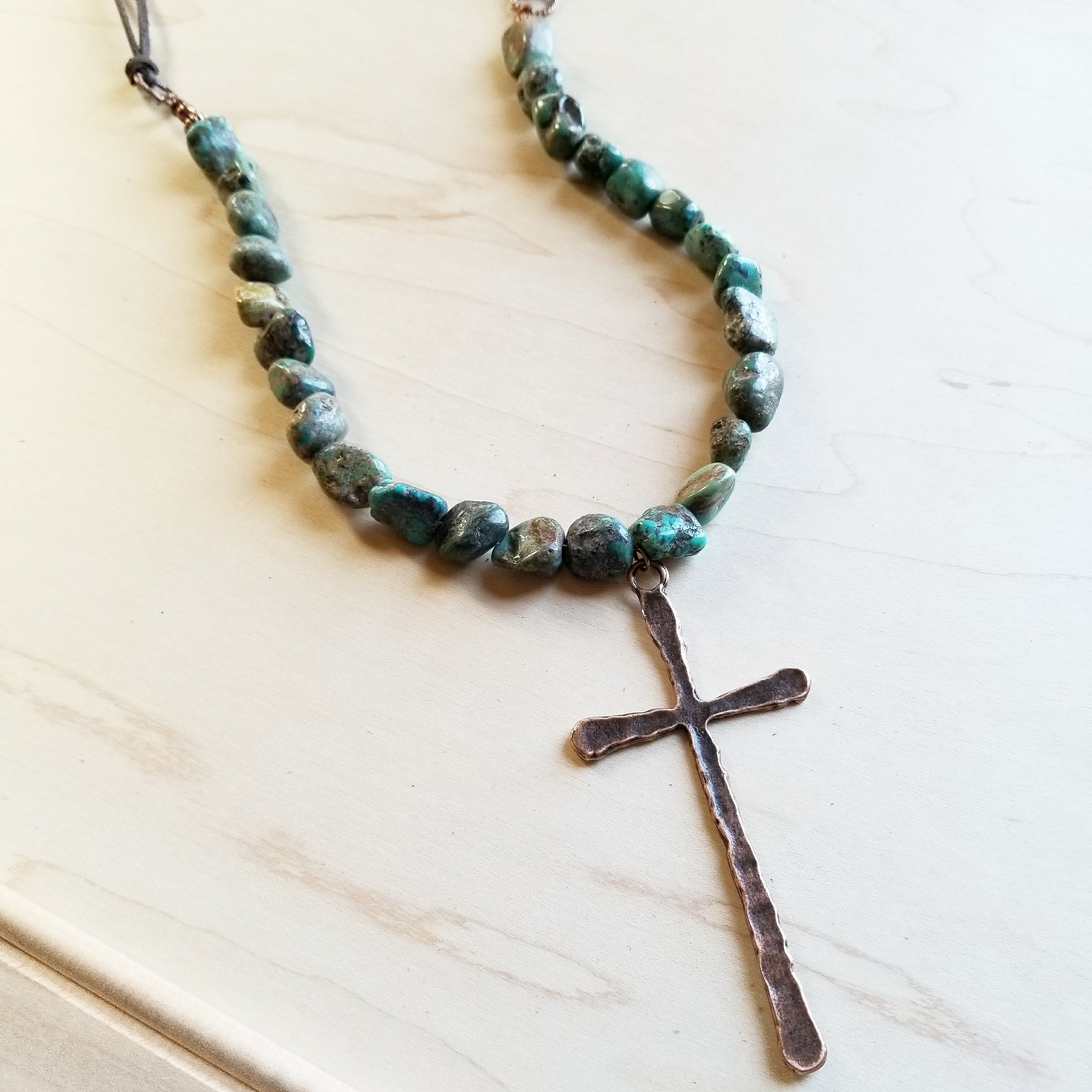 african turquoise necklace with large copper cross pendant 242u