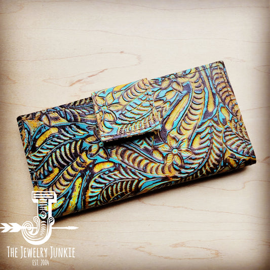 **Embossed Leather Wallet in Dallas Turquoise w/ Snap 302L