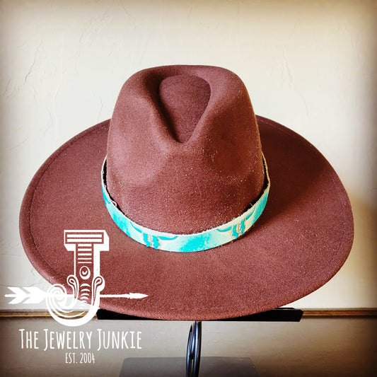 Brown Boho Western Felt Hat w/ Genuine Leather Turquoise Steer Band 980r