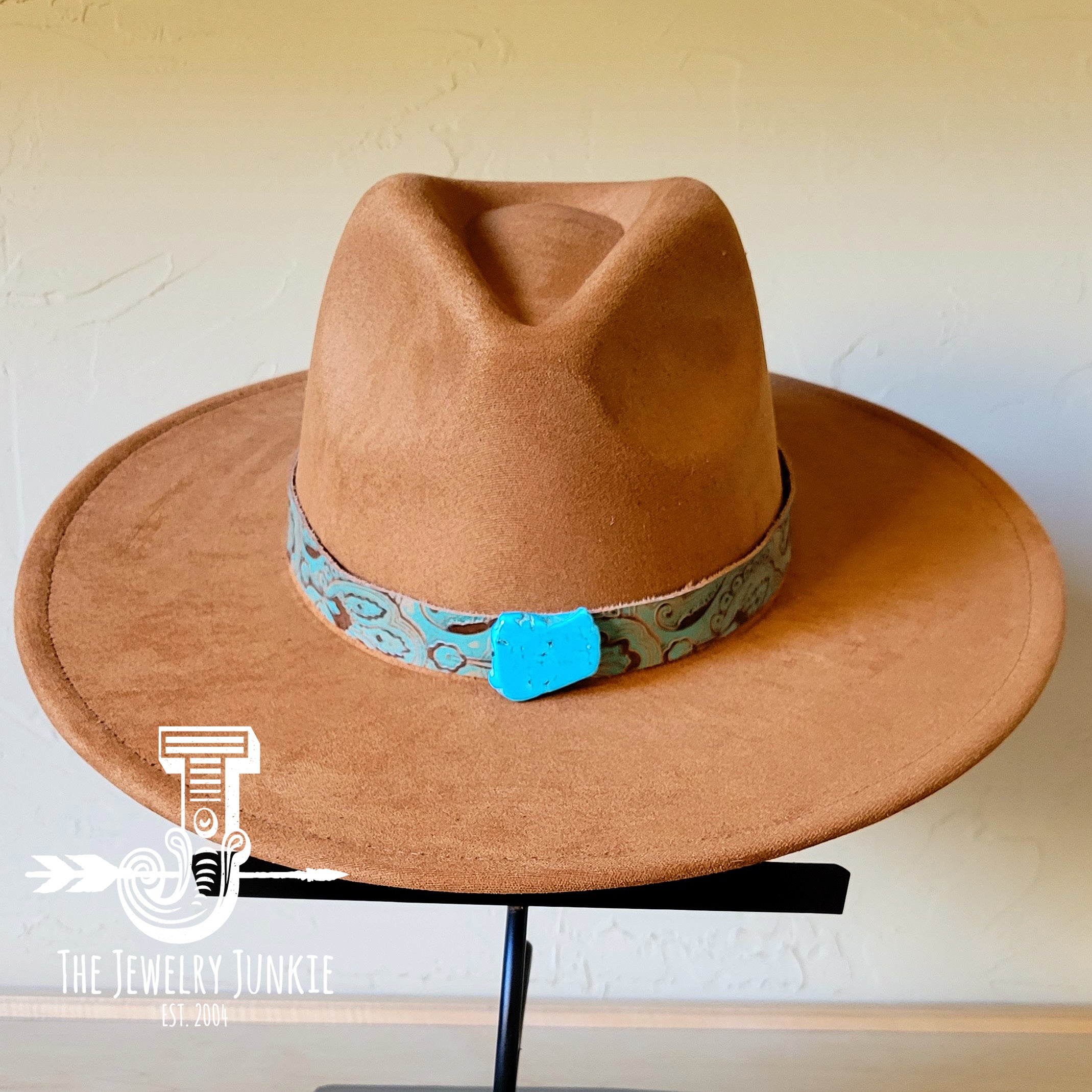 Boho Western Felt Hat w/ Choice of Leather Hat Band w/ Turquoise Slab-Tan